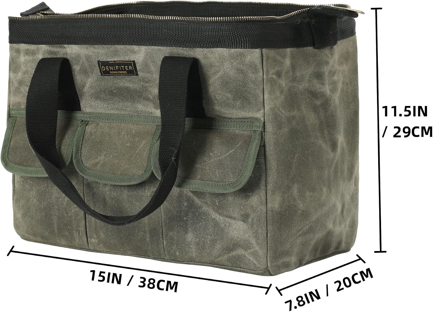 15 Inch Tool Bag, Heavy Duty Waxed Canvas Wide Mouth Water-Resistant Tool Pouch, Garden Tool Tote with 15 Pockets