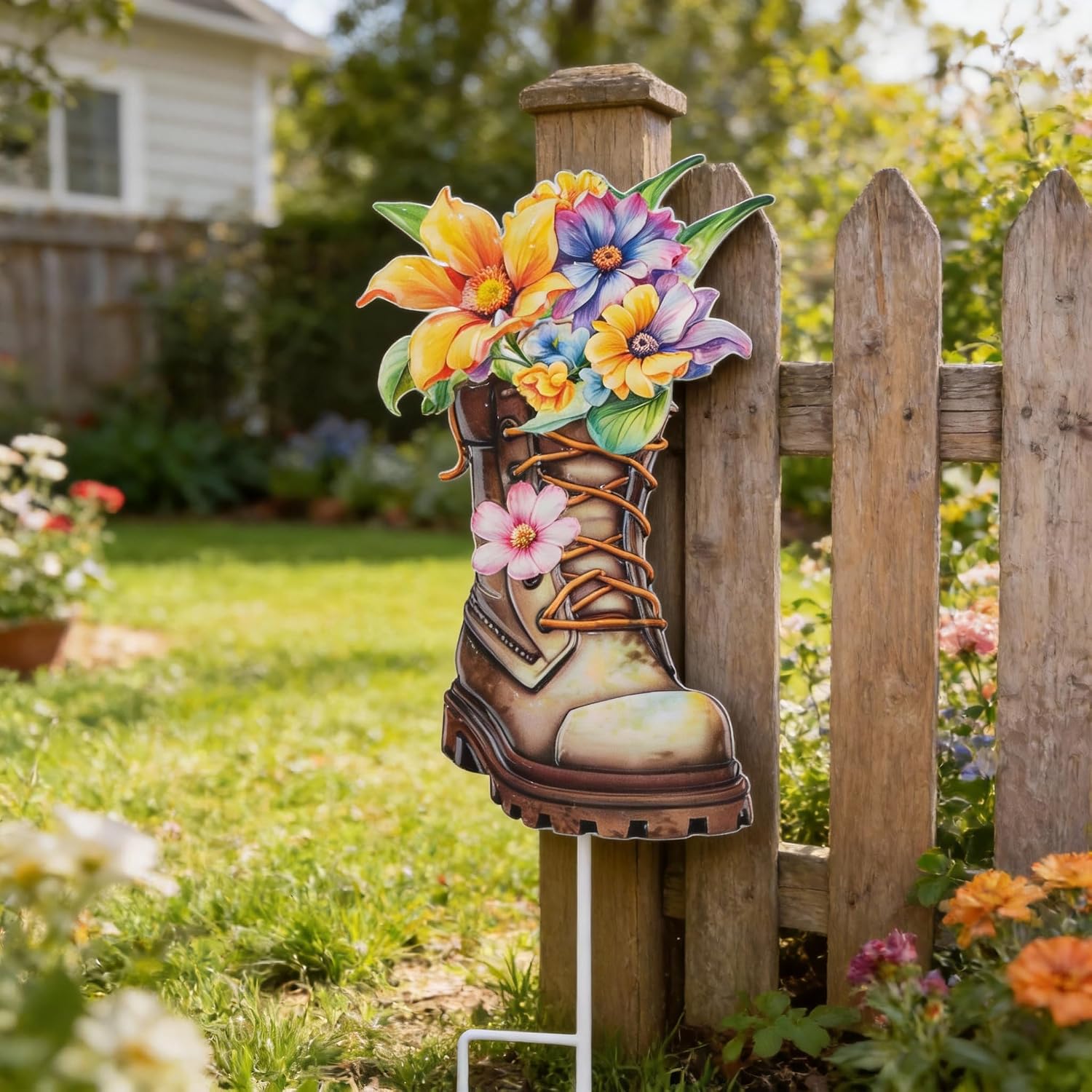 Garden Decor for Outside, 23" Decorative Garden Stake Metal Boot Flowers | Yard Art Stake for Outdoor Lawn Backyard
