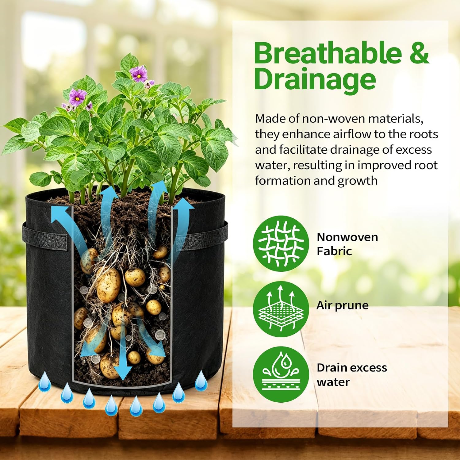 6 Pack Potato Grow Bags (15/10/5 Gallon, 2 of Each) with Harvest Window, Garden Planting Bag with Reinforced Handles