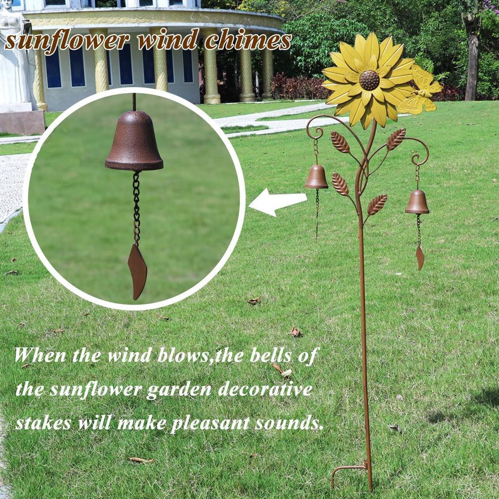 Decorative Garden Stakes,Garden Stake with Bells,Metal Flower Garden Decor | 50"H Sunflower Metal Flower Garden Stake