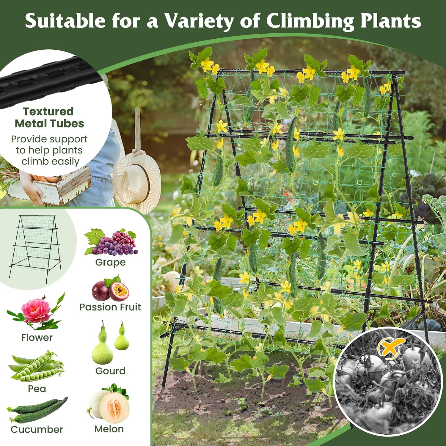 Giantex Cucumber Trellis, Trellis for Climbing Plants Outdoor, Garden Trellis w/Netting, PE-Coated Metal, Clips, Plant