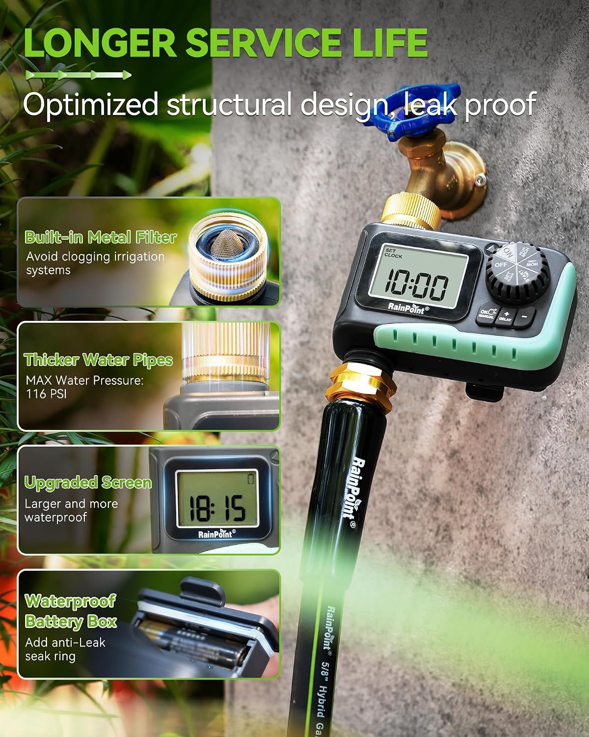 RAINPOINT Sprinkler Timer with Brass Swivel | Programmable Water Timer for Garden Hose with Rain Delay/Manual Watering