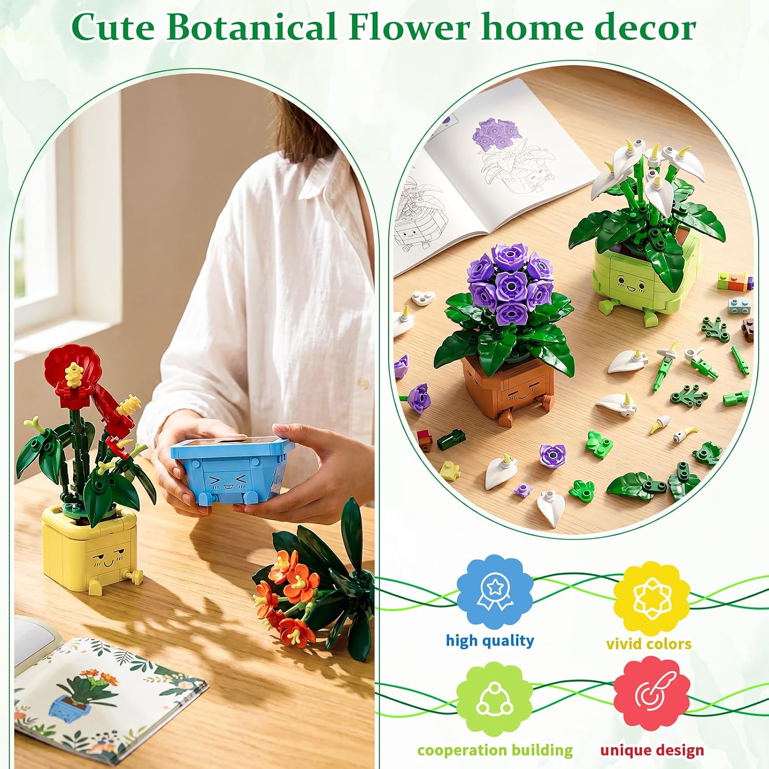 Flower Building Kit for Adults, Happy Plants Flowers Set, 614 Pcs Succulents Botanical Collection for Office Home