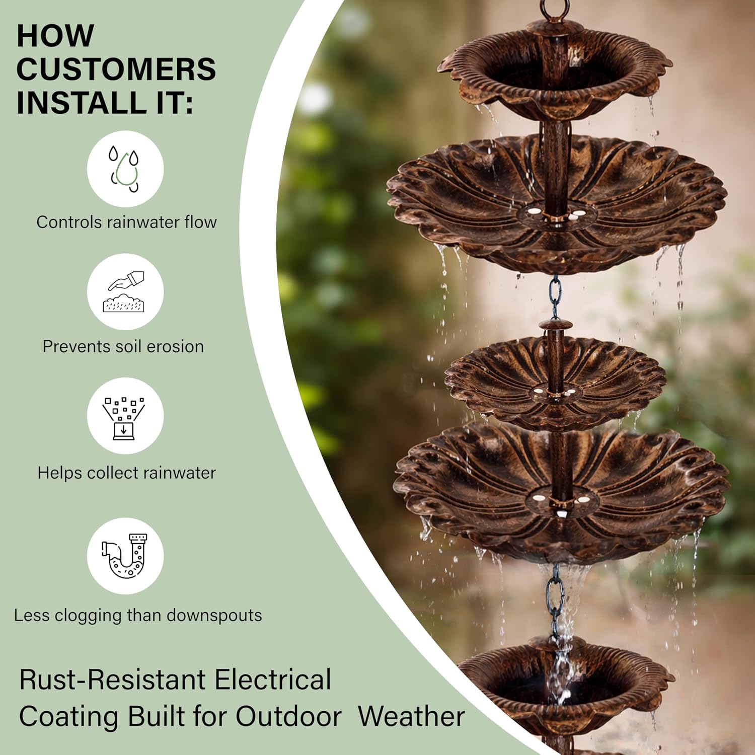 8.5FT Fountain Iron Rain Chain for Gutters and Rain Barrel+Adapter, Bronze | Rain Chains for Downspout, Rust-Prevent