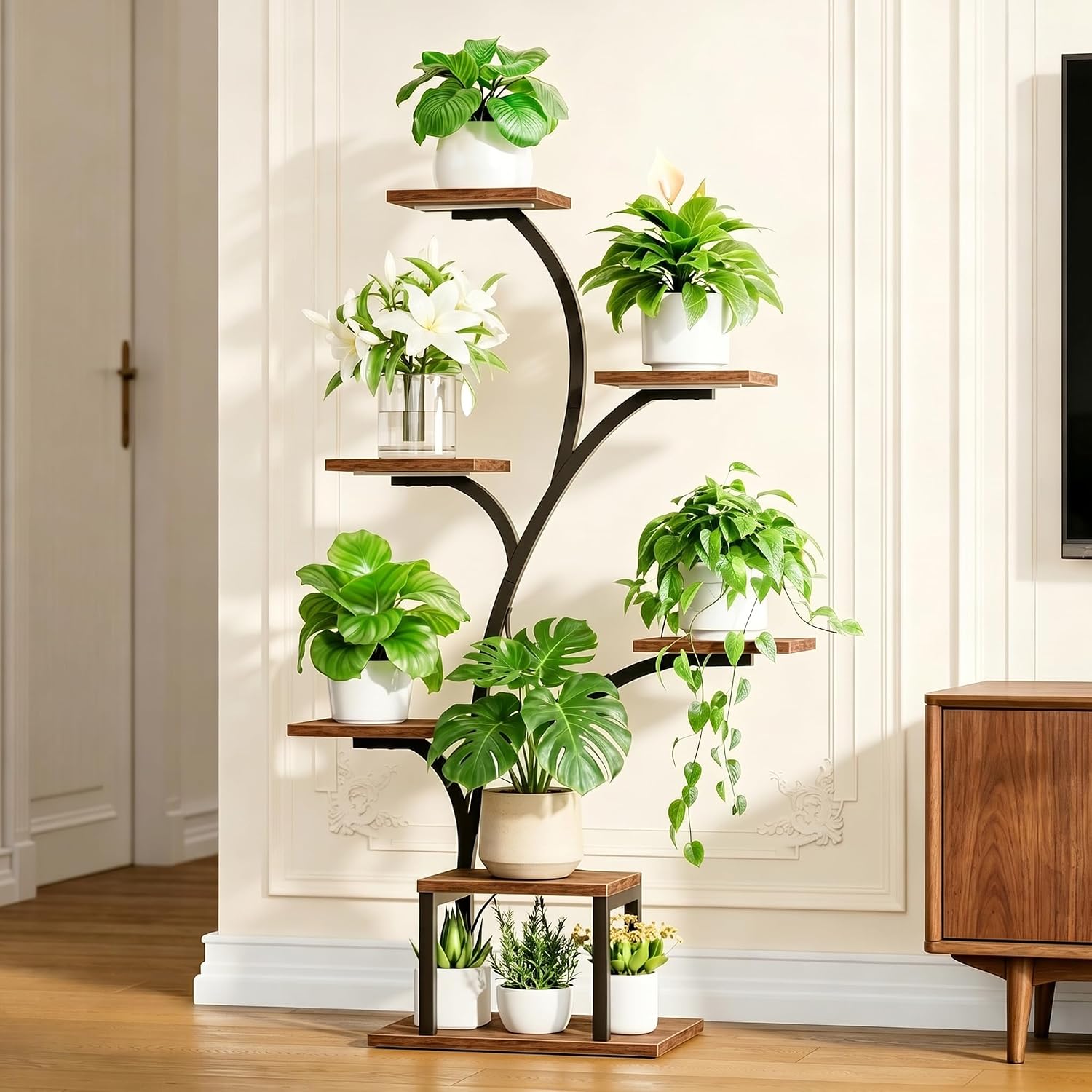 BACEKOLL Plant Stand Indoor with Grow Light, 7 Tier 49" Lighted Plant Shelf | Tree-Shaped Tall Holder with Full