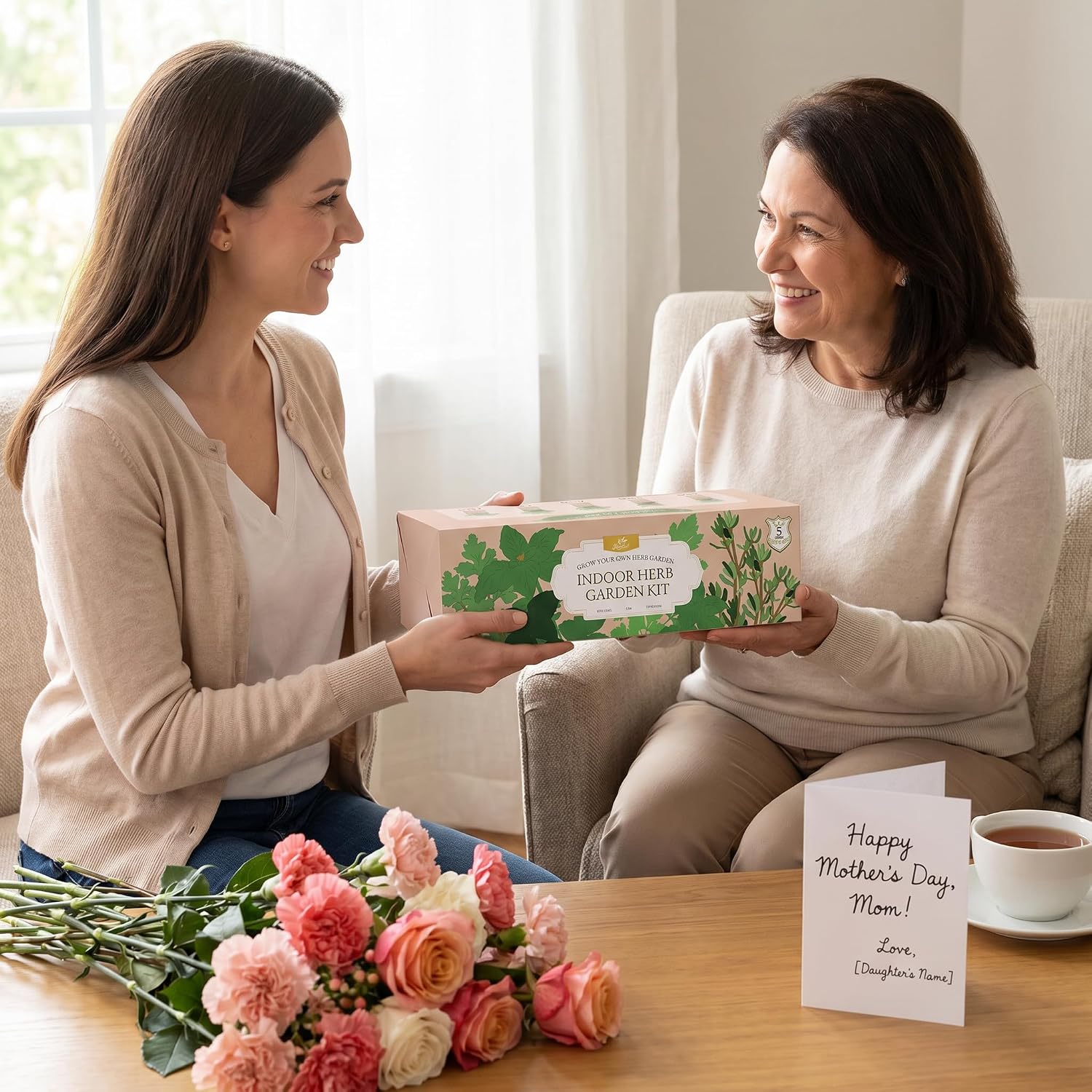 Indoor Herb Garden Starter Kit, Unique Gifts 5 Herb Garden Planter Indoor Kit with Wooden Box Including Basil