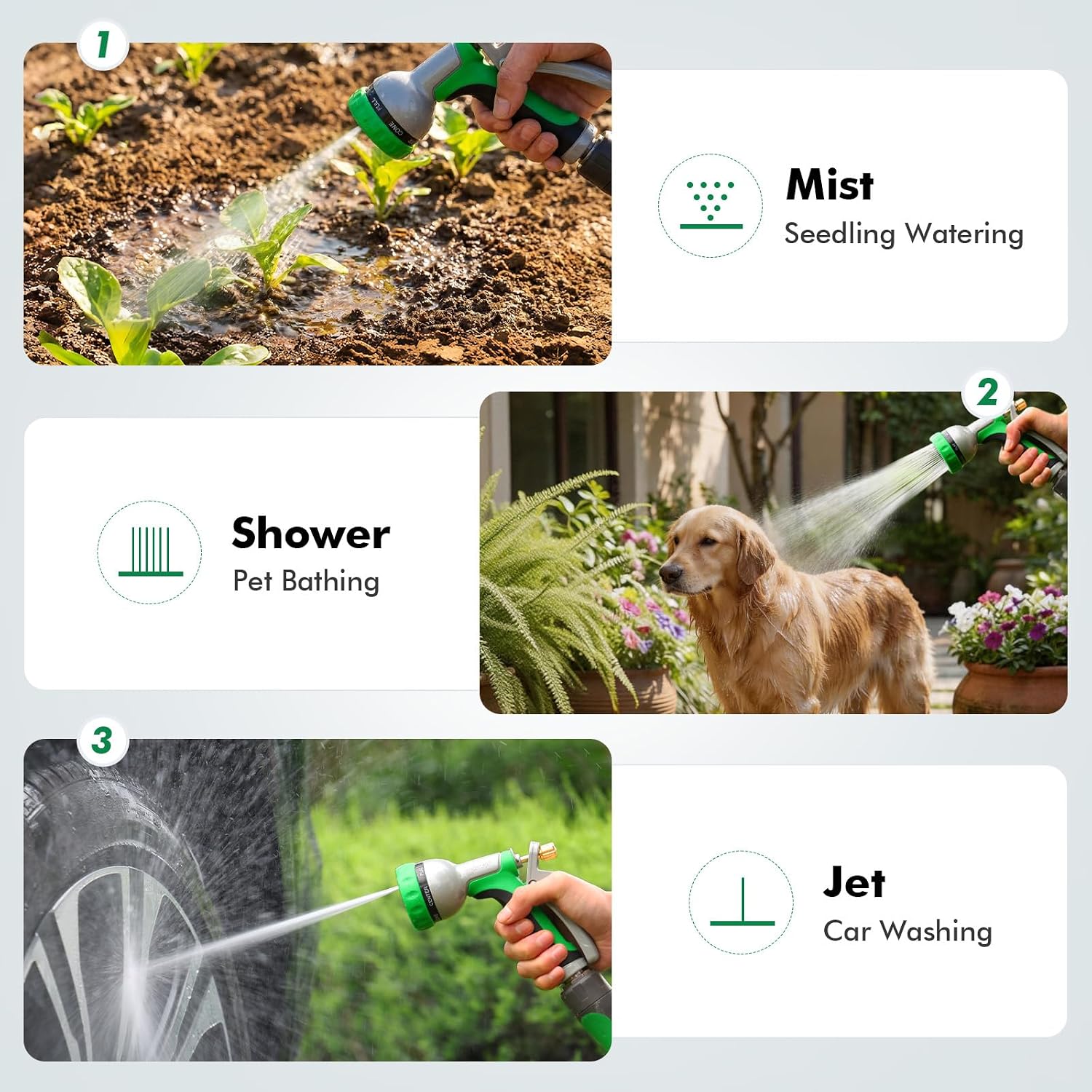 RESTMO Garden Hose Nozzle Heavy Duty, Rear Trigger Water Sprayer, Green | 7 Adjustable Spray Patterns, Durable Metal