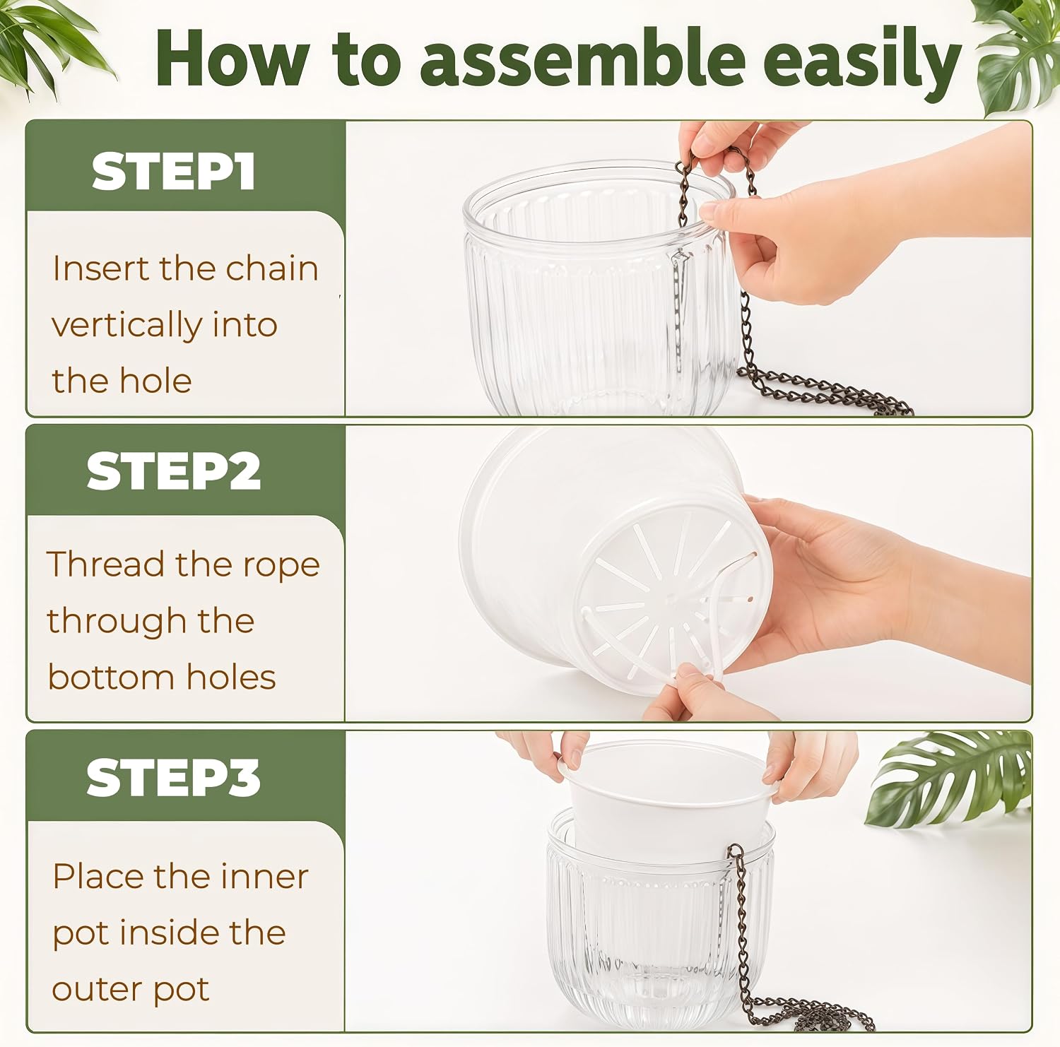 Pumtus 3 Pack Hanging Planters for Indoor Plants, 6.5 Inch Self Watering Flower Pot with Drainage Hole, Plastic Hanging