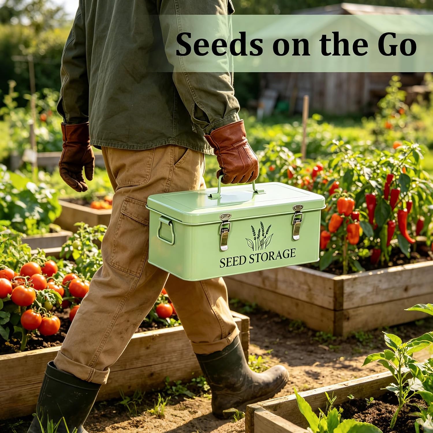 60-Slot Metal Seed Storage Organizer Box, Seed Saving Box | 3 Compartments Organization, 60 Seed Envelopes & Labels