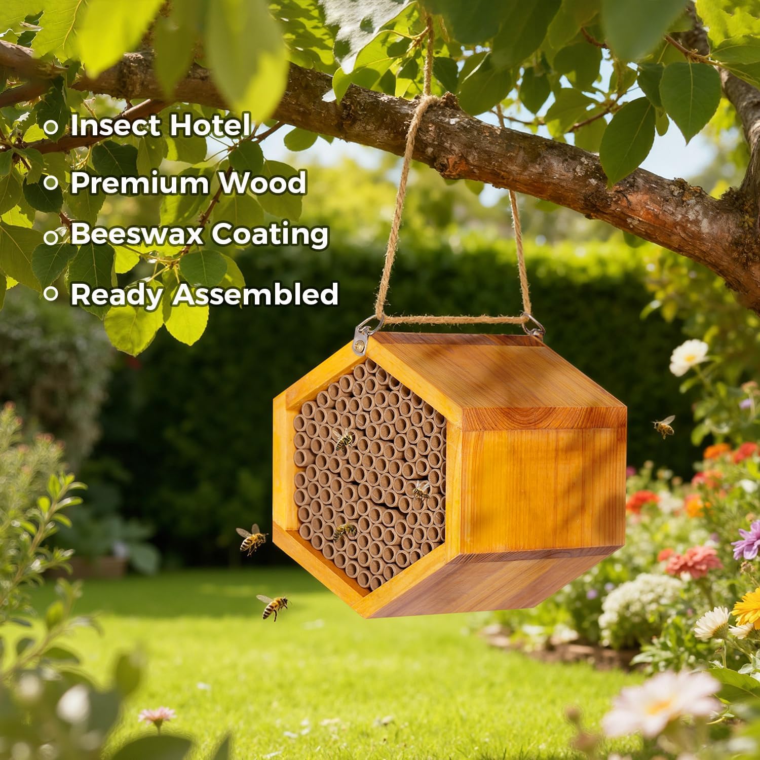 Mason Bee House - Handmade Natural Wooden Bee Hive Coated with Wax for Water-Proof and Long Service Life - Attracts