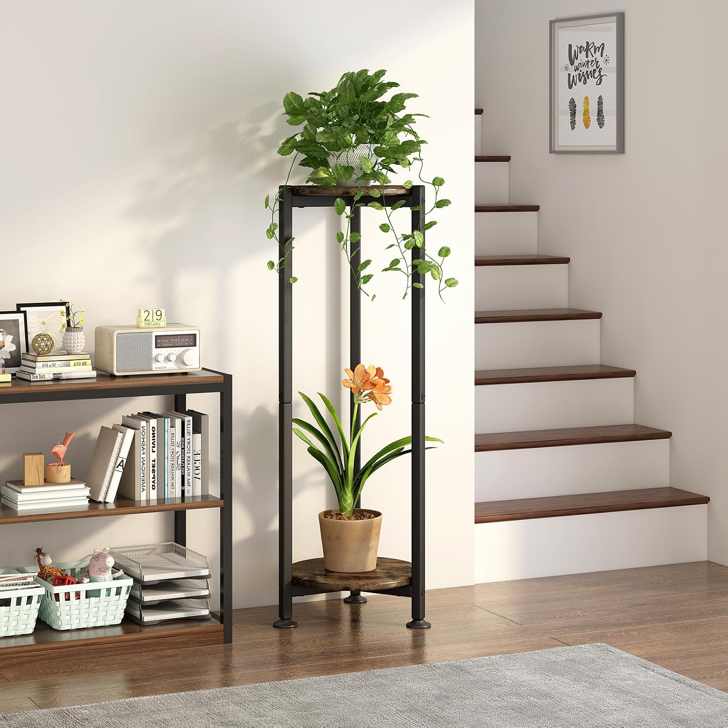 2 Tier Plant Stand Indoor Corner Tall Round Shape Plant Shelf | Modern Metal MDF board Flower Storage,Suitable tight