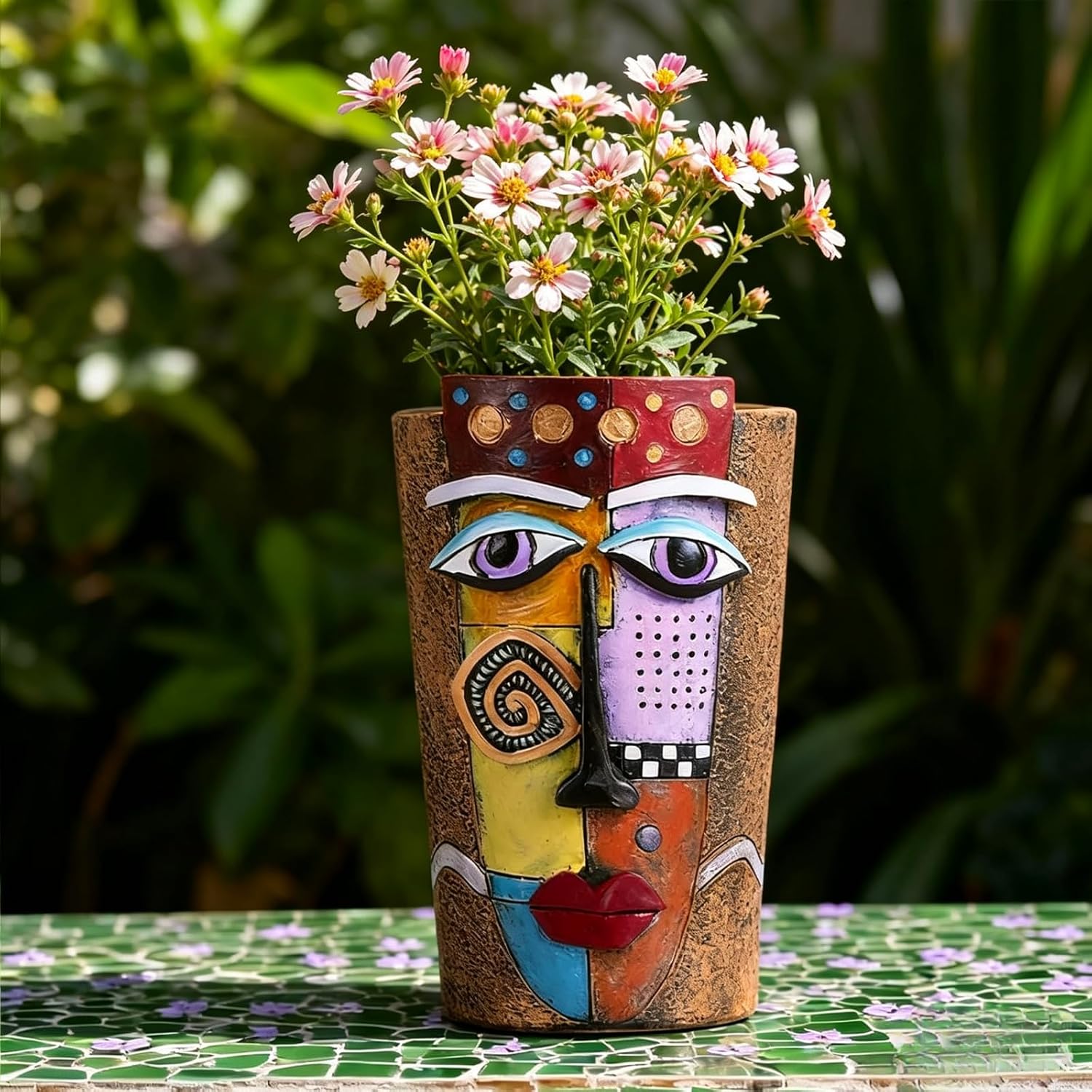 Picasso Abstract Face Planters Pots Head, Handmade Resin Planters with Drainage Holes, Decorative Succulents Brown Face