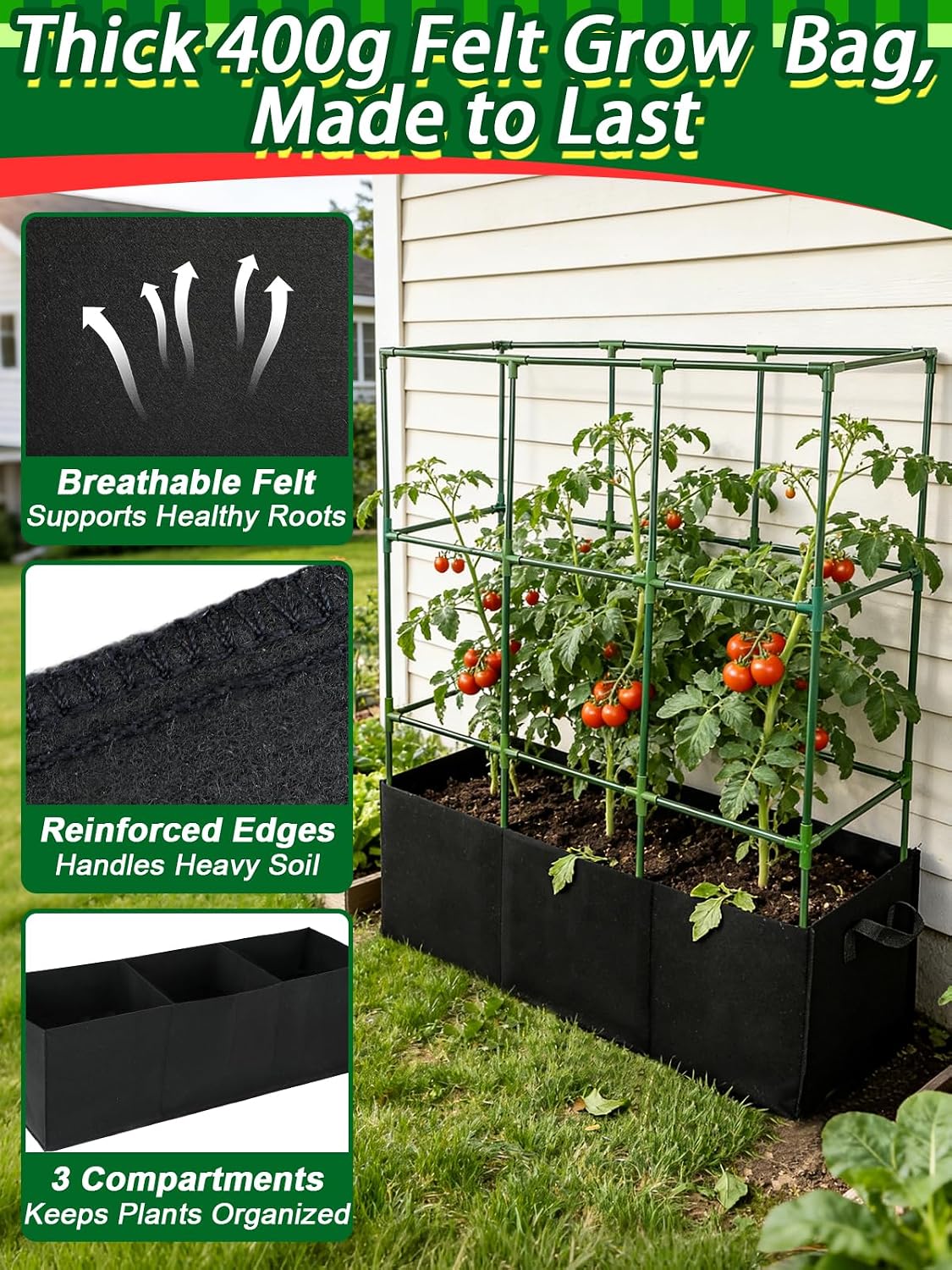 Tomato Cage with 3 Compartment 51 Gallon Grow Bag - 47" L × 15.7" W × 45" H Heavy Duty Square Tomato Planter Trellis