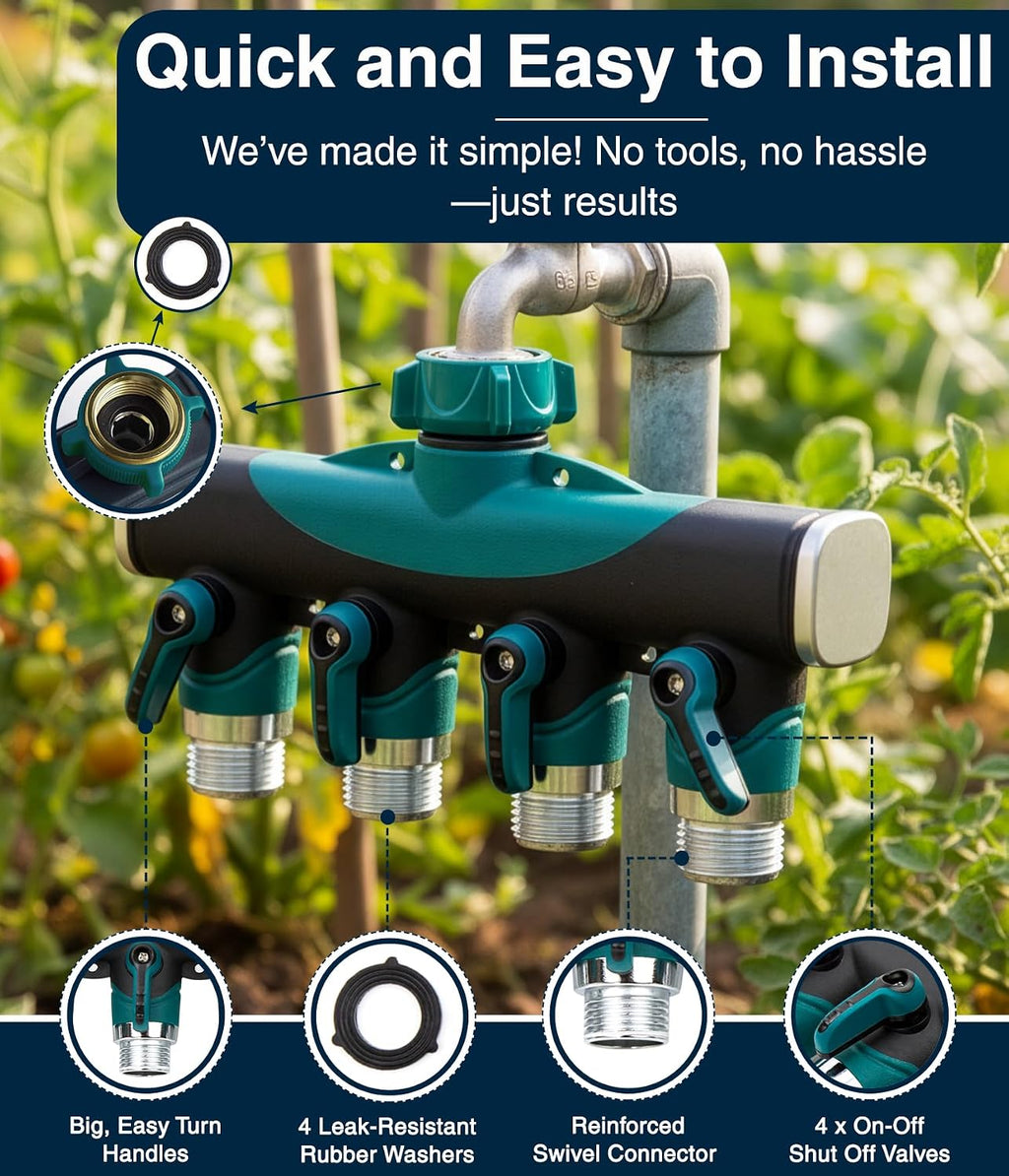 DBR Tech® 4 Way Hose Splitter (Superior Durability), Premium Garden Hoses Connector, 4 Way Heavy Duty Water Valve for