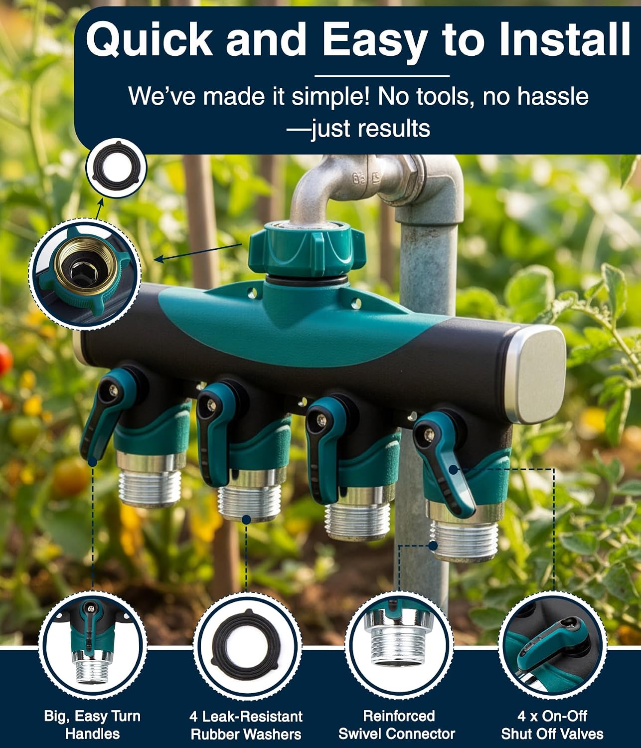 DBR Tech® 4 Way Hose Splitter (Superior Durability), Premium Garden Hoses Connector, 4 Way Heavy Duty Water Valve for