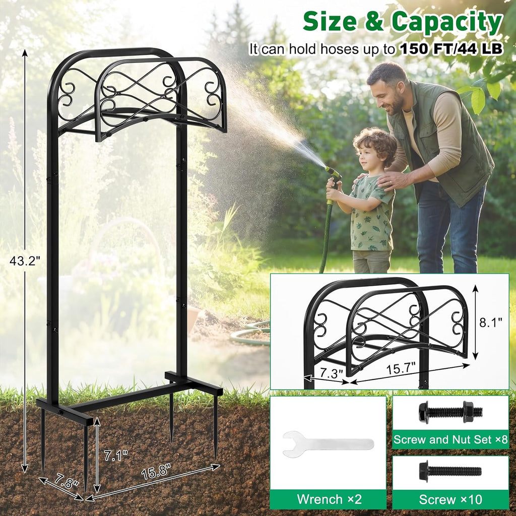 Gtongoko Garden Hose Holder for Outside 43" Heavy Duty Freestanding Water Hose Holder with 4 Stable Spikes Metal Hose