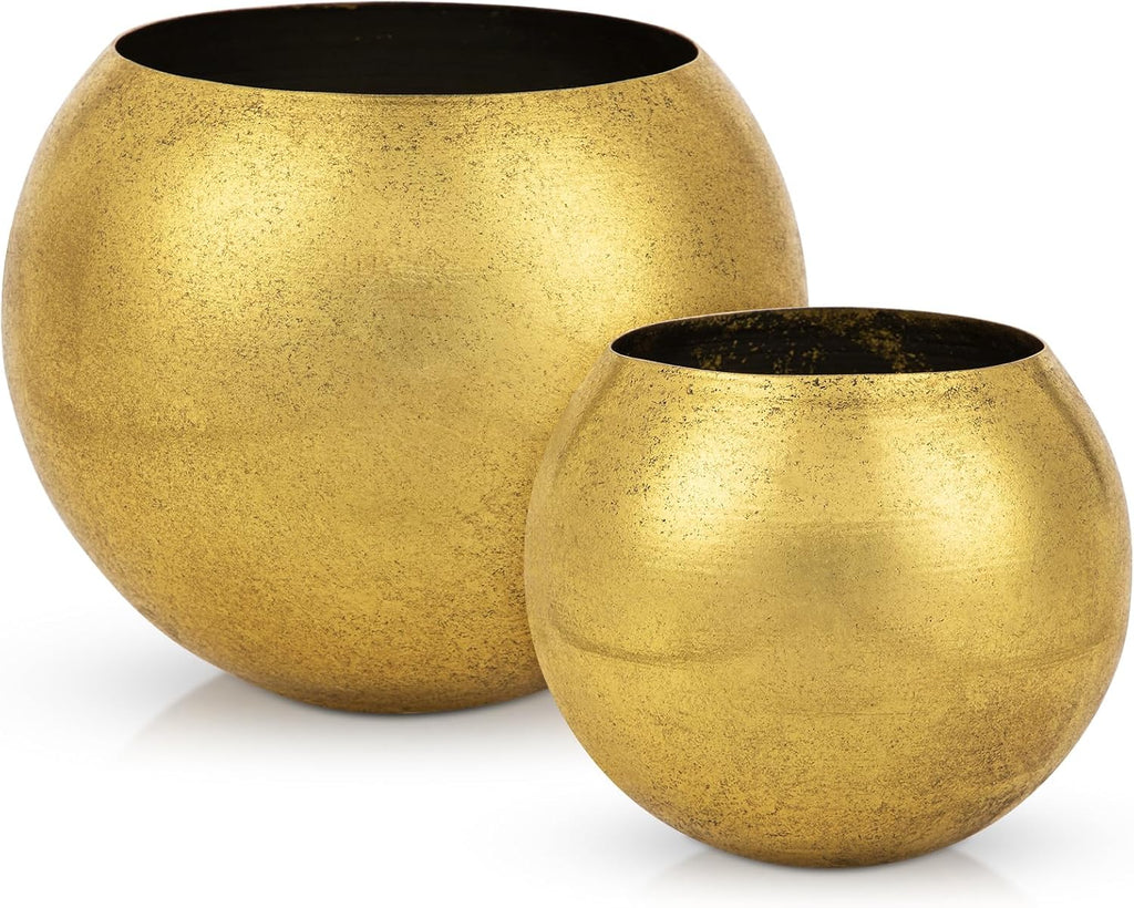 Oairse Round Gold Metal Flower Pots - 2 PCS Galvanized Planters with Drainage Hole Farmhouse Rustic Garden Rustproof