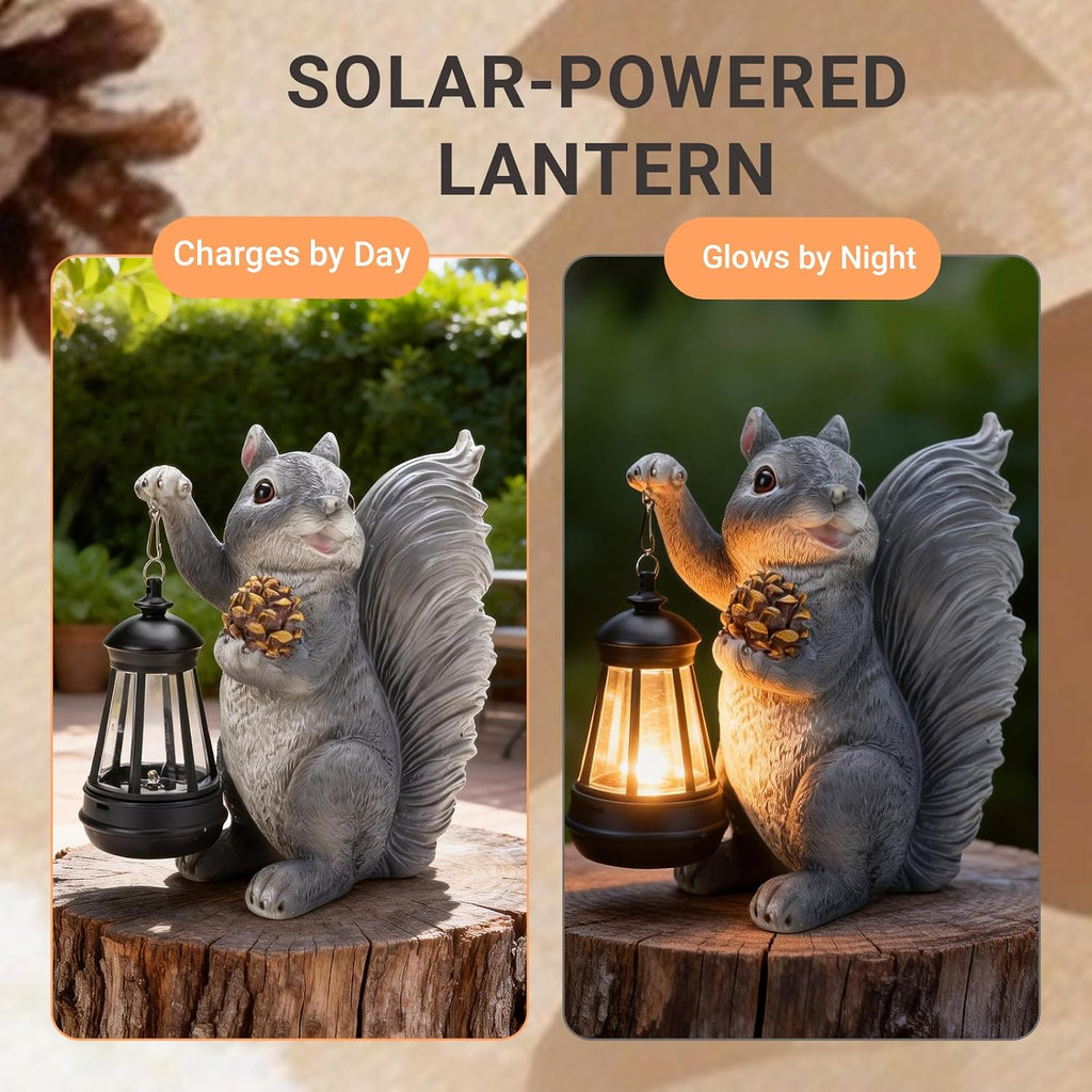 Solar Squirrel Garden Statue Outdoor Decor, Grey, Resin | Sculpture with Lantern，For Yard Lawn Patio Balcony, Christmas