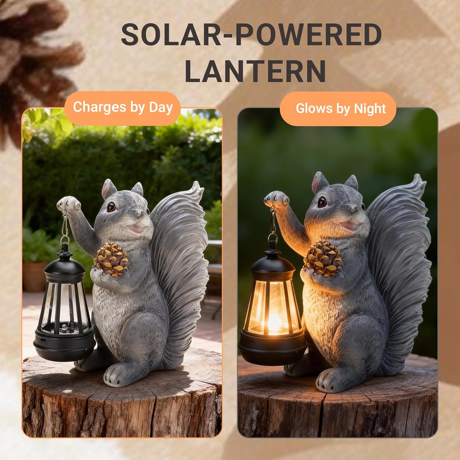 Solar Squirrel Garden Statue Outdoor Decor, Grey, Resin | Sculpture with Lantern，For Yard Lawn Patio Balcony, Christmas