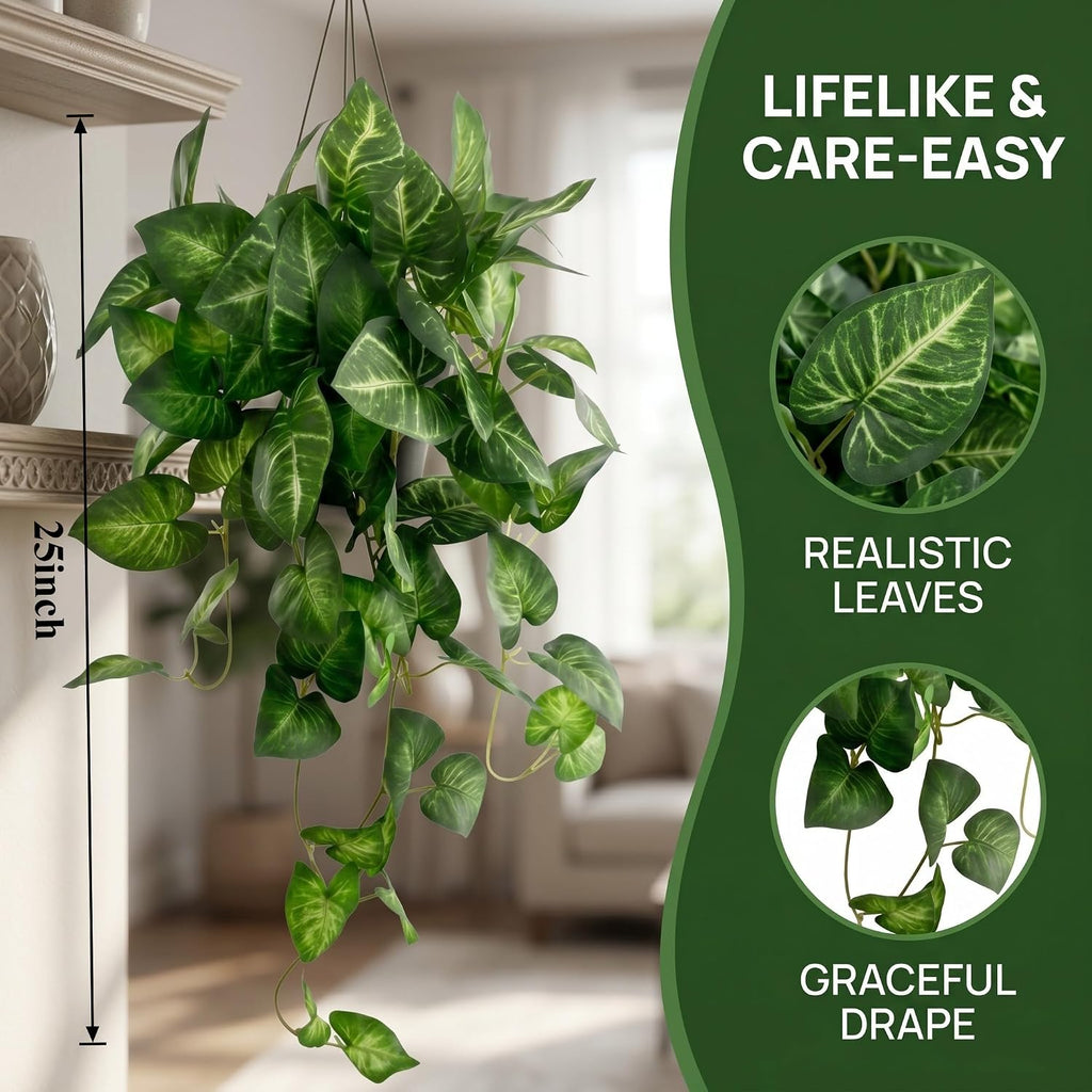 Artificial Pothos Hanging Plant, 25" Set of 2 Faux Ivy Vines with Pots | Fake Silk Realistic Hanging Greenery Plants