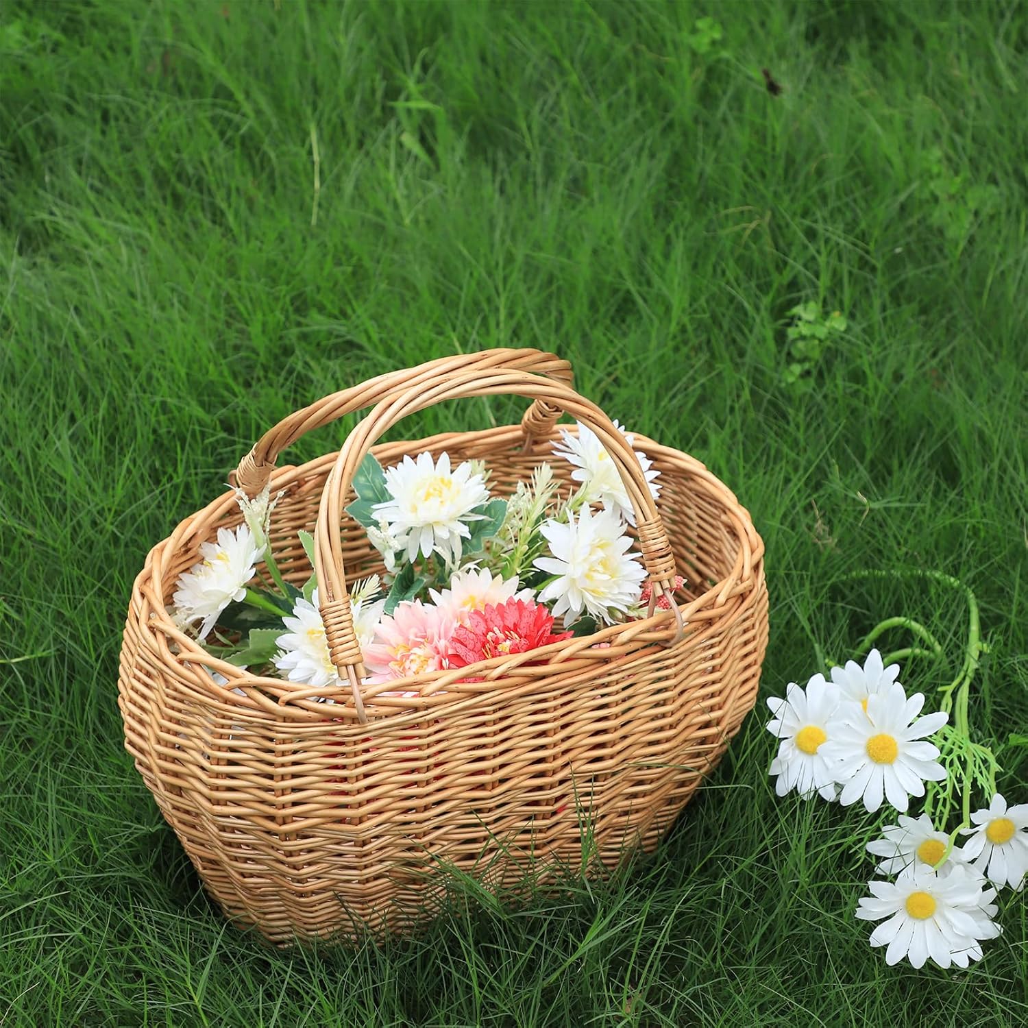 JJSQ Wicker Picnic Basket with Handles Woven Garden Harvest Market Basket Wicker Flower Basket for Storage Easter