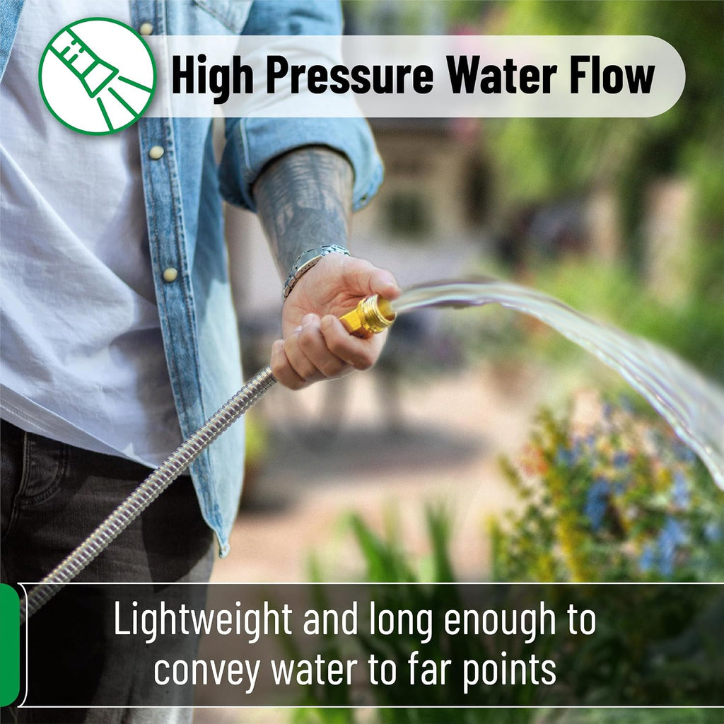 UNCO- Stainless Steel Metal Hose with 4 Function Brass Nozzle, 50 ft, No Kink, Metal Garden Hose