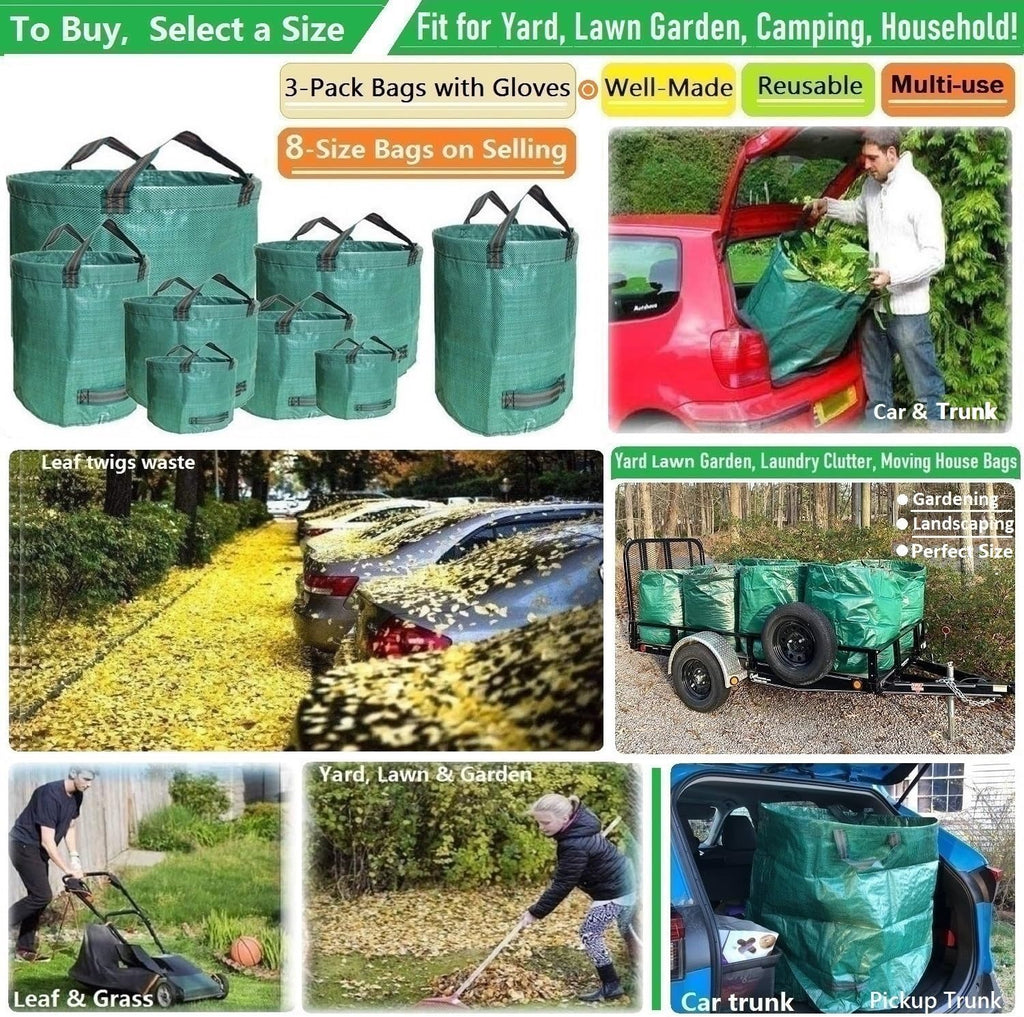 Standard 3-Pack 32 Gallon Lawn Garden Bags (D18,H30 inch) Yard Waste Bags with Gardening Gloves - Reusable Leaf