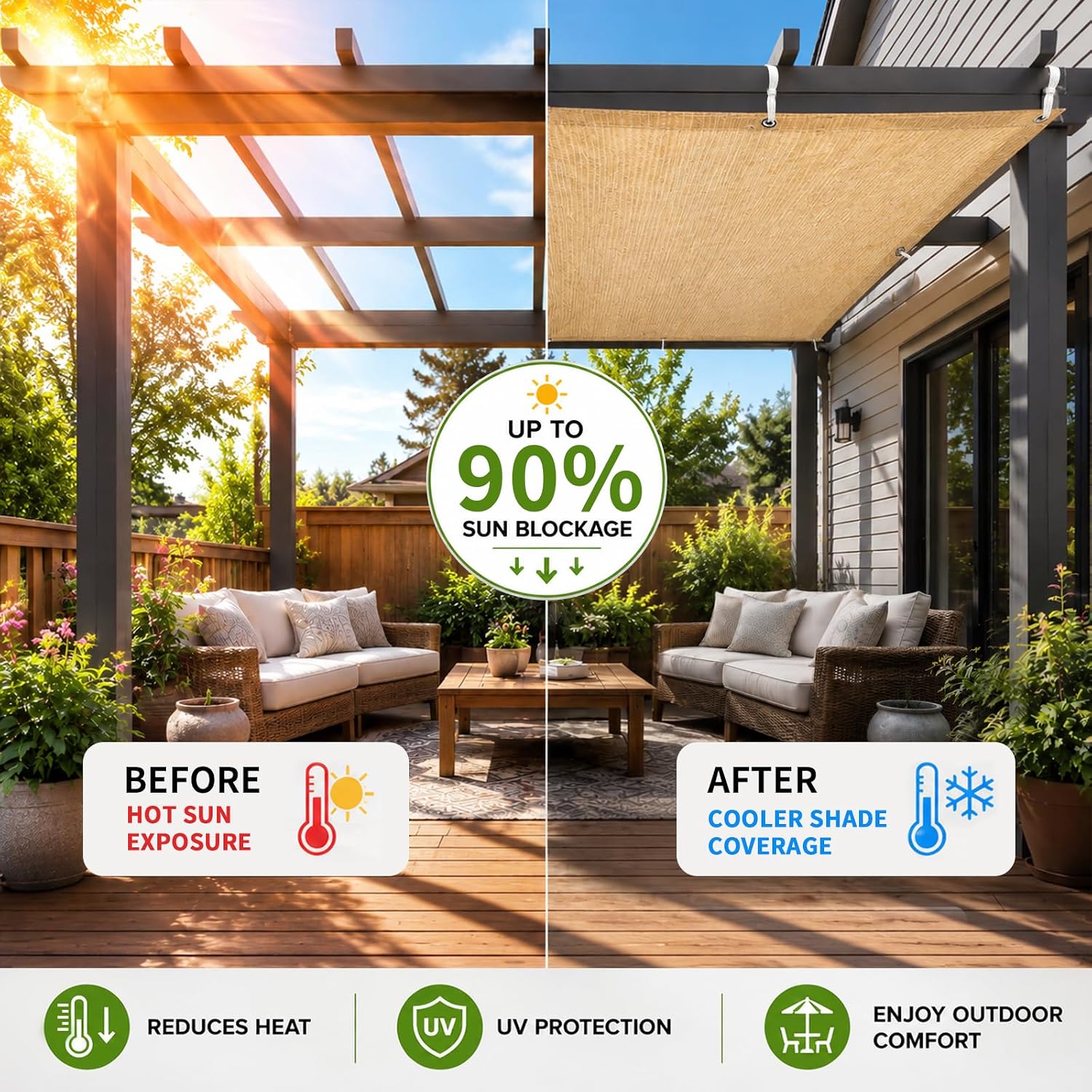 90% Outdoor Sun Shade Cloth, 6' x 6', Pergola, Deck, and Backyard Patio Sunshade with UV Protection, Heat Resistant