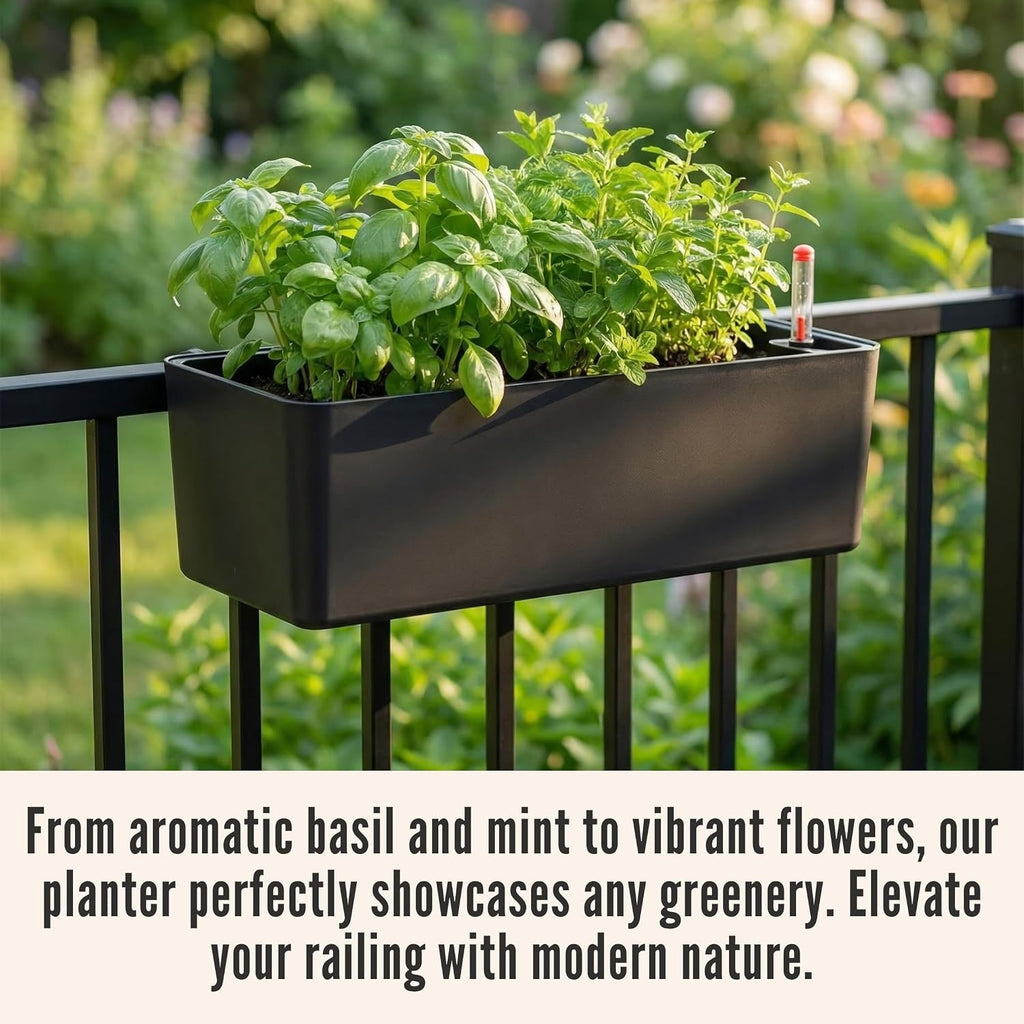 LaLaGreen Railing Planter Boxes (16 Inch, 2 Pack) Black Rectangular Plastic Window Box Planters with Self-Watering
