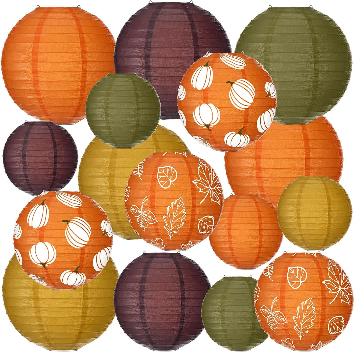 Bencailor 16 Pcs Fall Paper Lanterns Fall Party Paper Lanterns Thanksgiving Dark Orange Pumpkin Round Thankful Maple Leaves Hanging Party Decorations for Autumn Harvest Outdoor Decor