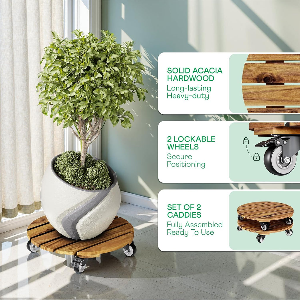 2PCS Acacia Round Plant Caddy, 360° Lockable Wheels, Natural, 14-Inch