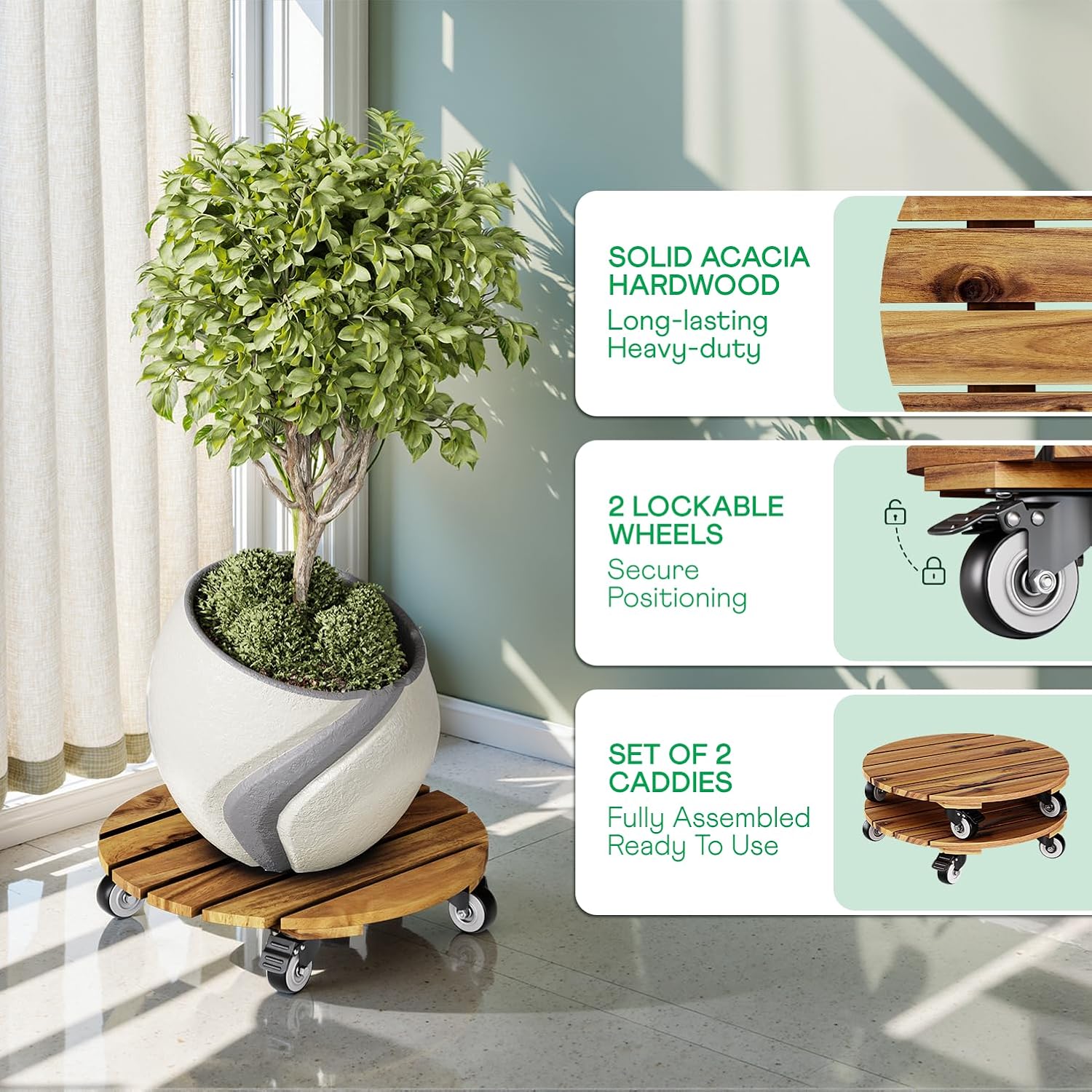 2PCS Acacia Round Plant Caddy, 360° Lockable Wheels, Natural, 14-Inch