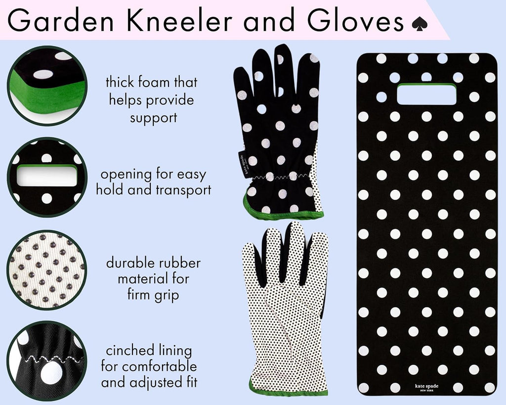 kate spade new york Garden Kneeler and Gloves Set, Picture Dot | Cute, One Size Fits Most Yard Gloves with Rubber Grips