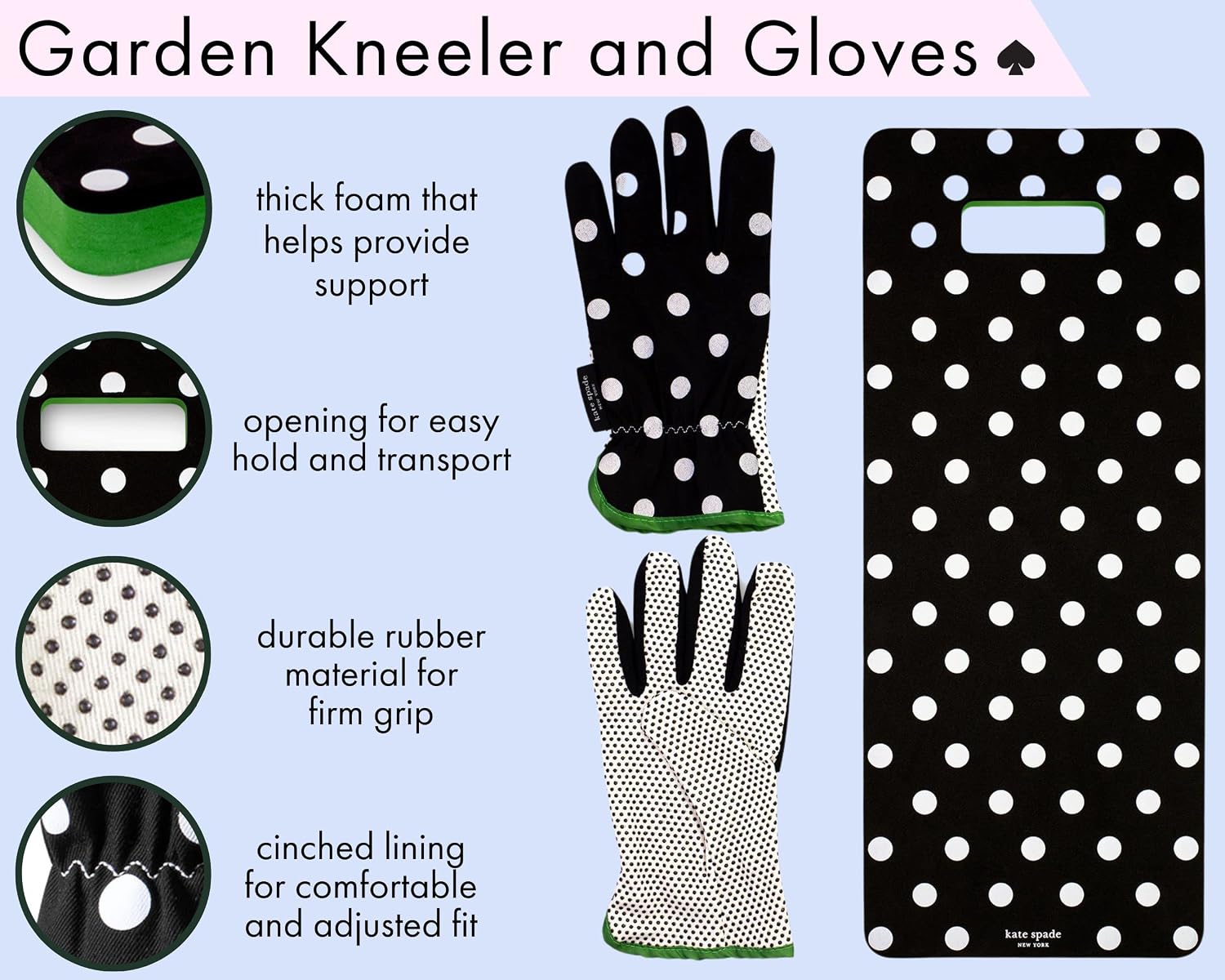 kate spade new york Garden Kneeler and Gloves Set, Picture Dot | Cute, One Size Fits Most Yard Gloves with Rubber Grips