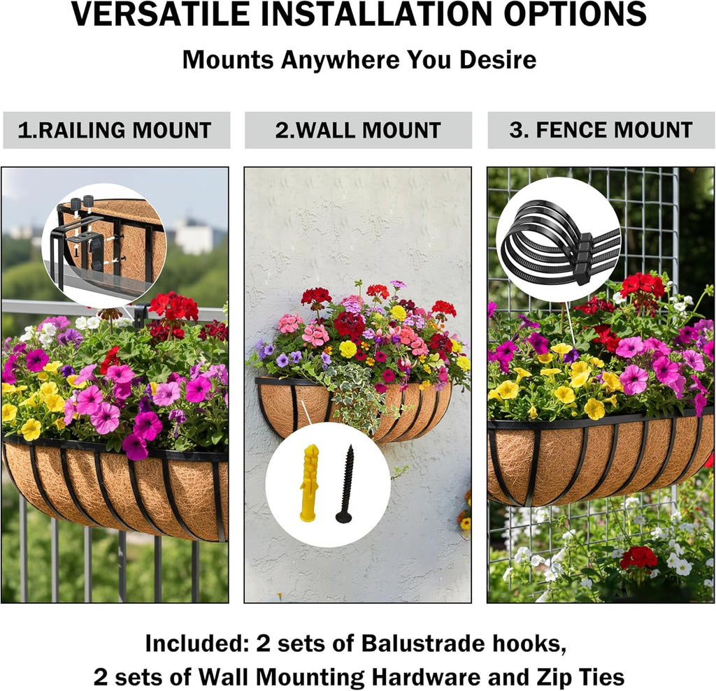 24“ Window Box Railing Planter with Coco Liner Metal Wall-Mounted Coconut Liner Planter Basket English Horse Trough