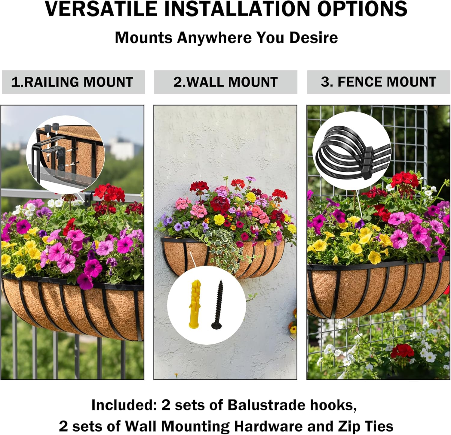 24“ Window Box Railing Planter with Coco Liner Metal Wall-Mounted Coconut Liner Planter Basket English Horse Trough