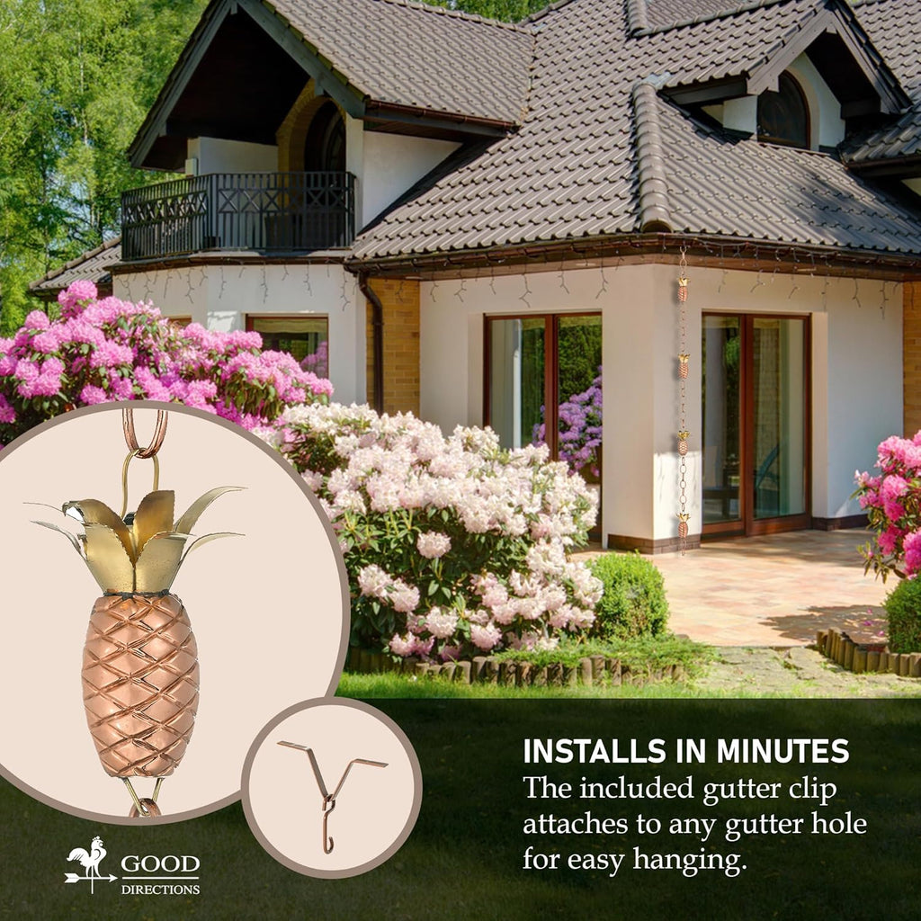 Good Directions 100% Pure Copper Pineapple Rain Chain, 8-1/2 Feet Long, Artistically Designed, Replaces Gutter Downspout