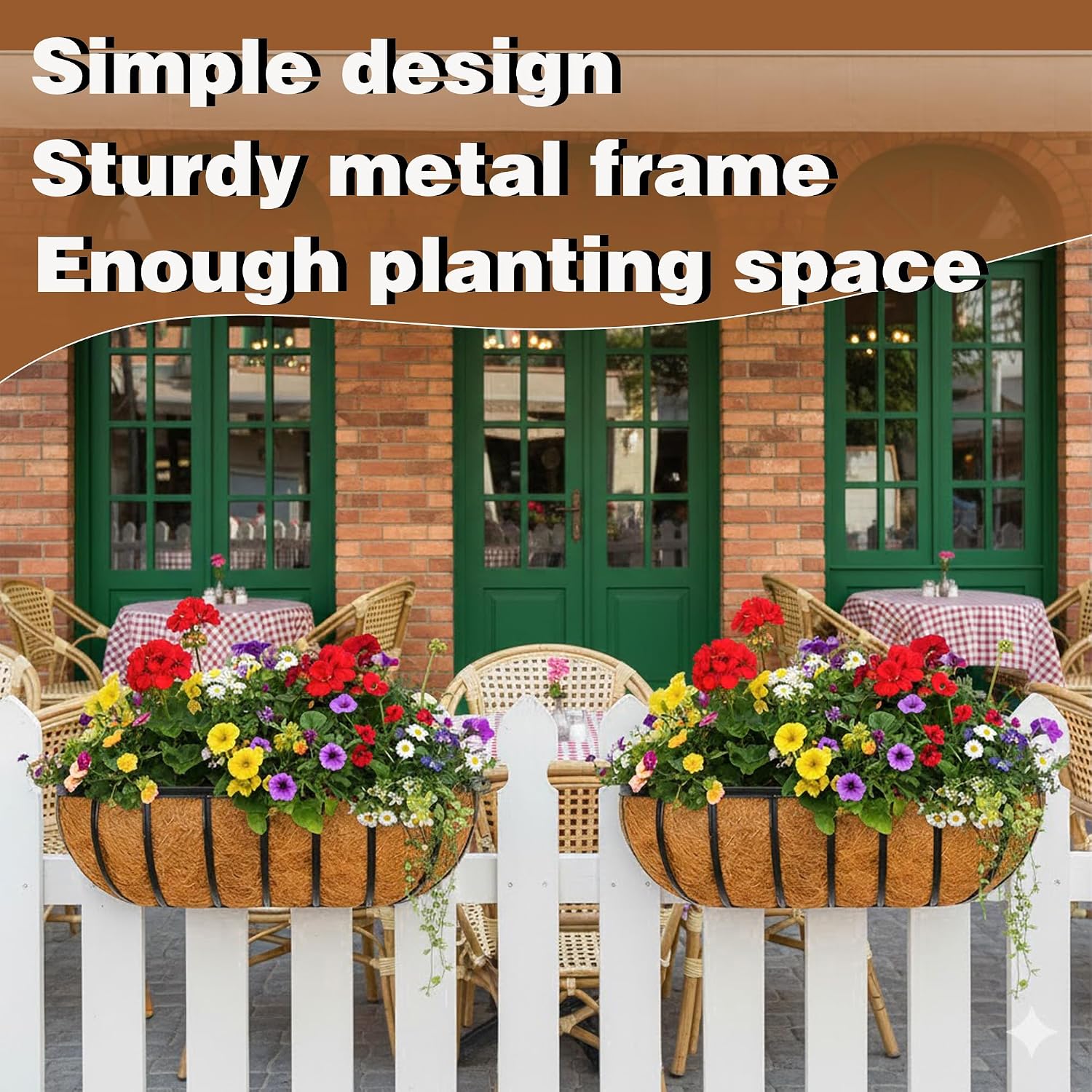2 Pcs 24“ Railing Planter Window Box Deck Railing Planter Boxes with Coco Liner English Horse Trough Planters Metal