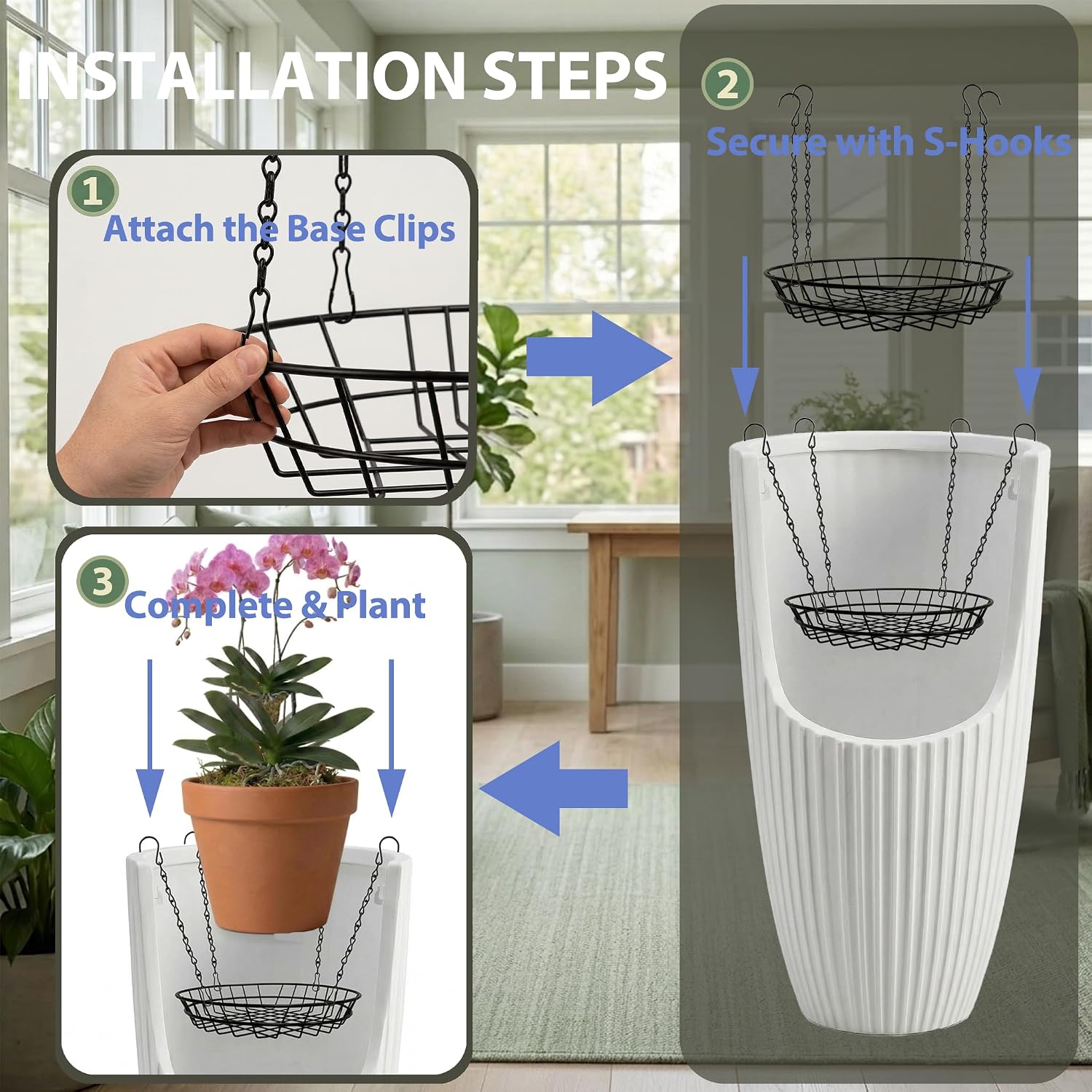 2 Pack Adjustable Planter Inserts with Chains and S Hooks for 12-18" Pots. | 48lbs max load, rustproof metal, 4-point