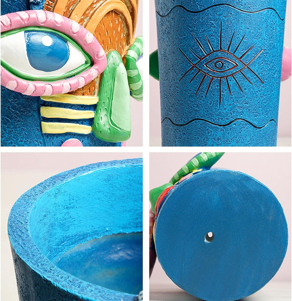 Picasso Blue Face Planter Pots/Vase, Colorful Abstract Head Planter Handmade Resin Flower Pot with Drainage Unique Home