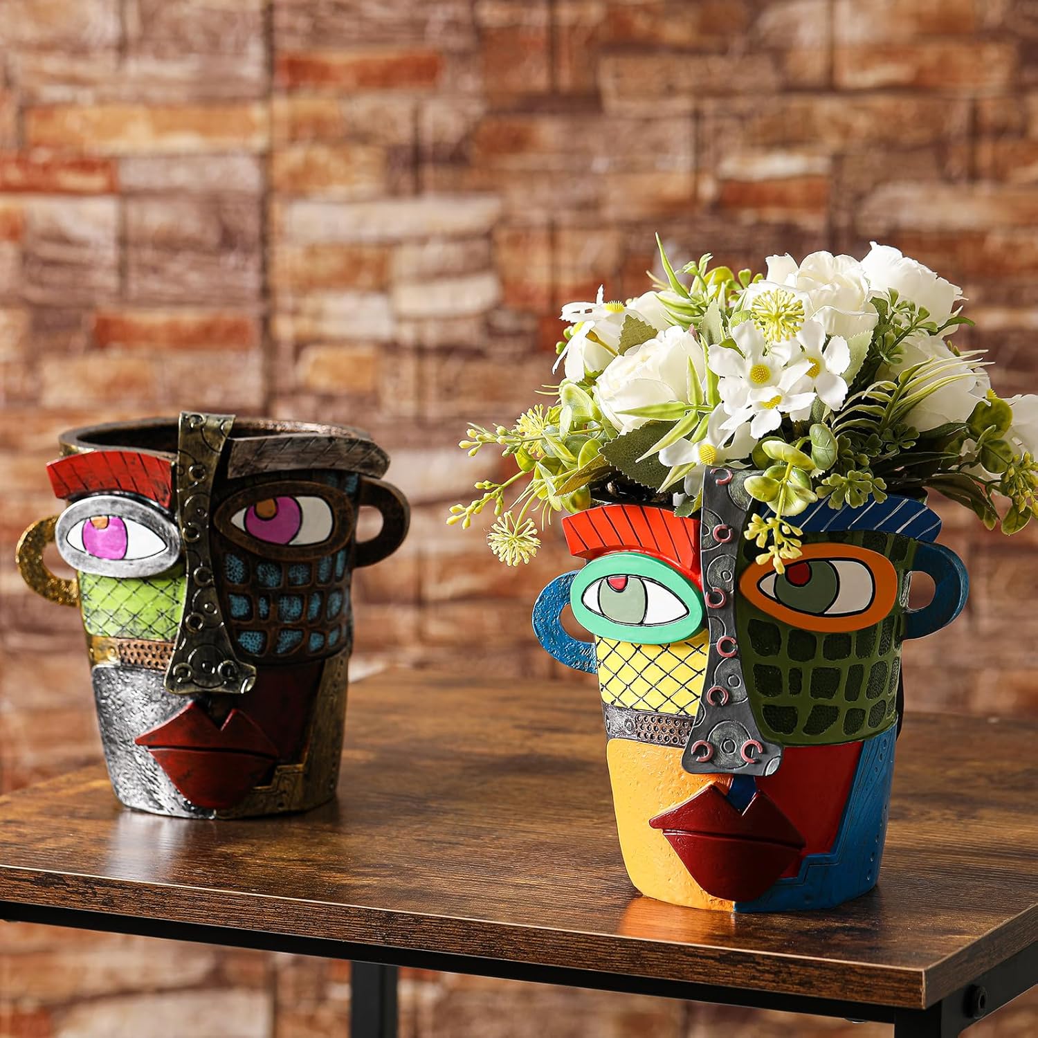 LemonRoad 2 Pcs Abstract Picasso Face Pots Head, Mexican Flower Pots with Drainage, Unique Decorative Head Plant for