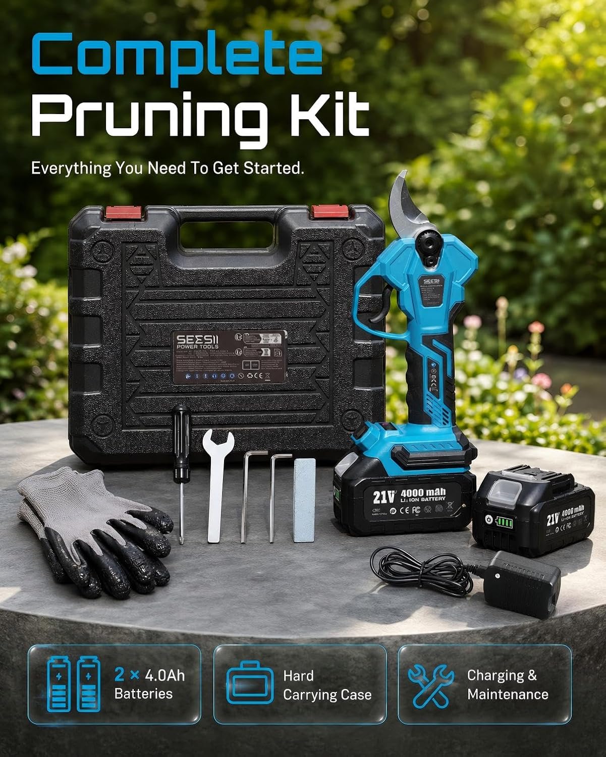 SEESII Electric Pruning Shears, 1.8" Cut Cordless Pruner, 2x4.0Ah Batteries | Brushless Motor, SK5 Blade, LCD Display