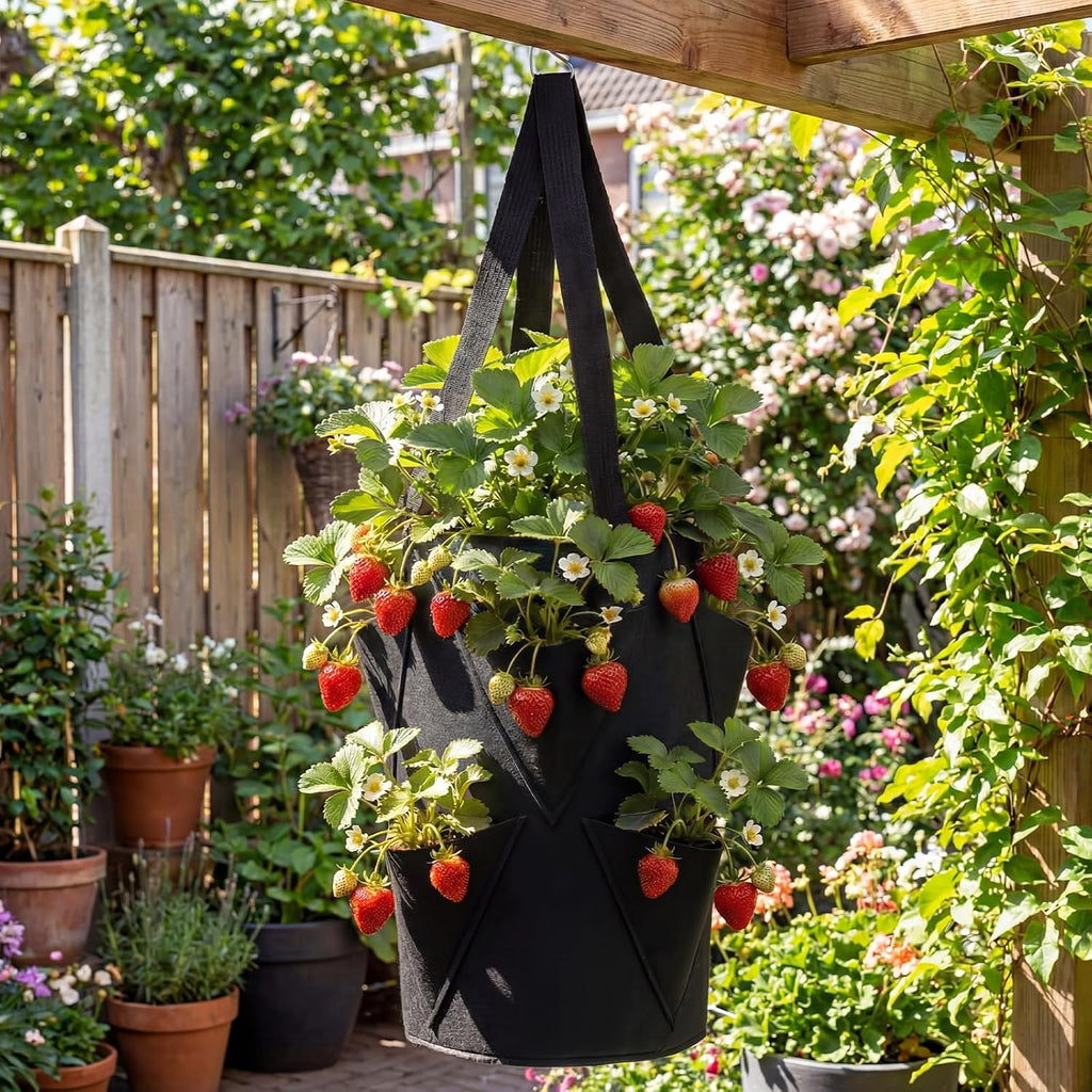 SATINIOR 10 Pack Upside Down Strawberry Planter Set Hanging Vegetables Grow Bags with 10 S Hooks, 3 Gallon Fabric
