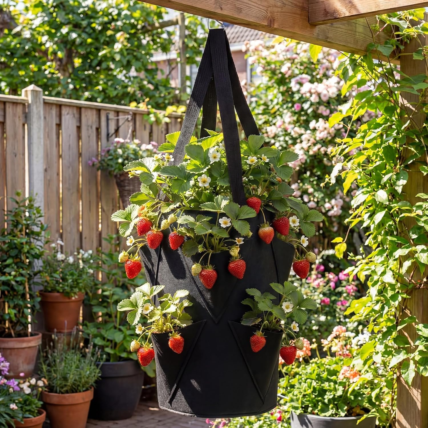SATINIOR 10 Pack Upside Down Strawberry Planter Set Hanging Vegetables Grow Bags with 10 S Hooks, 3 Gallon Fabric