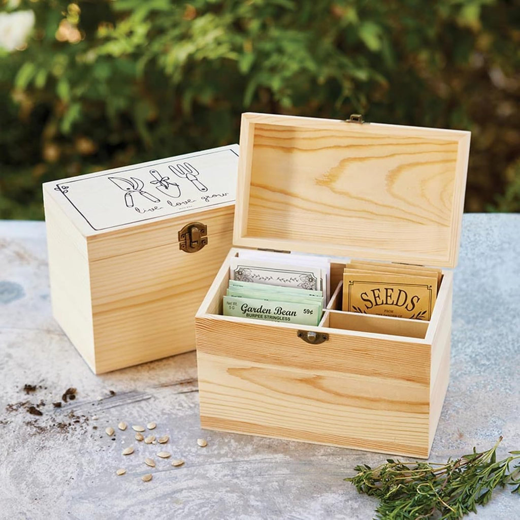 Santa Barbara Design Studio Seed Storage Box with 4 Dividers Wooden Storage Organizer, 7.75" x 4.5" x 5.5", Live Love