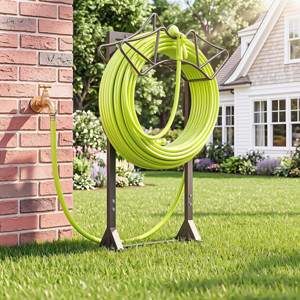 Garden Hose Holder with 2 Tool Hooks Heavy-Duty Water Hose Reel Rustproof | Freestanding Hose Reel Metal Stand Rack