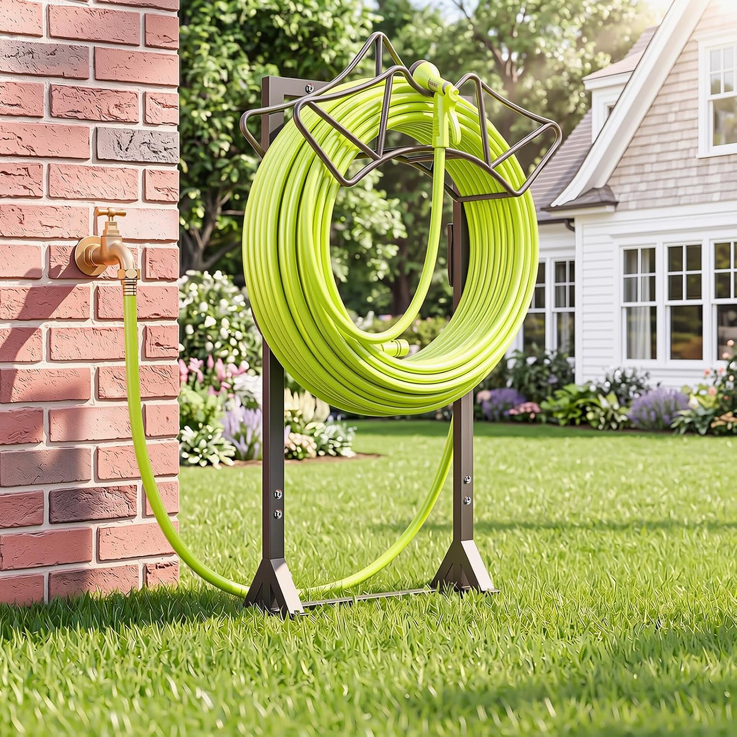 Garden Hose Holder with 2 Tool Hooks Heavy-Duty Water Hose Reel Rustproof | Freestanding Hose Reel Metal Stand Rack
