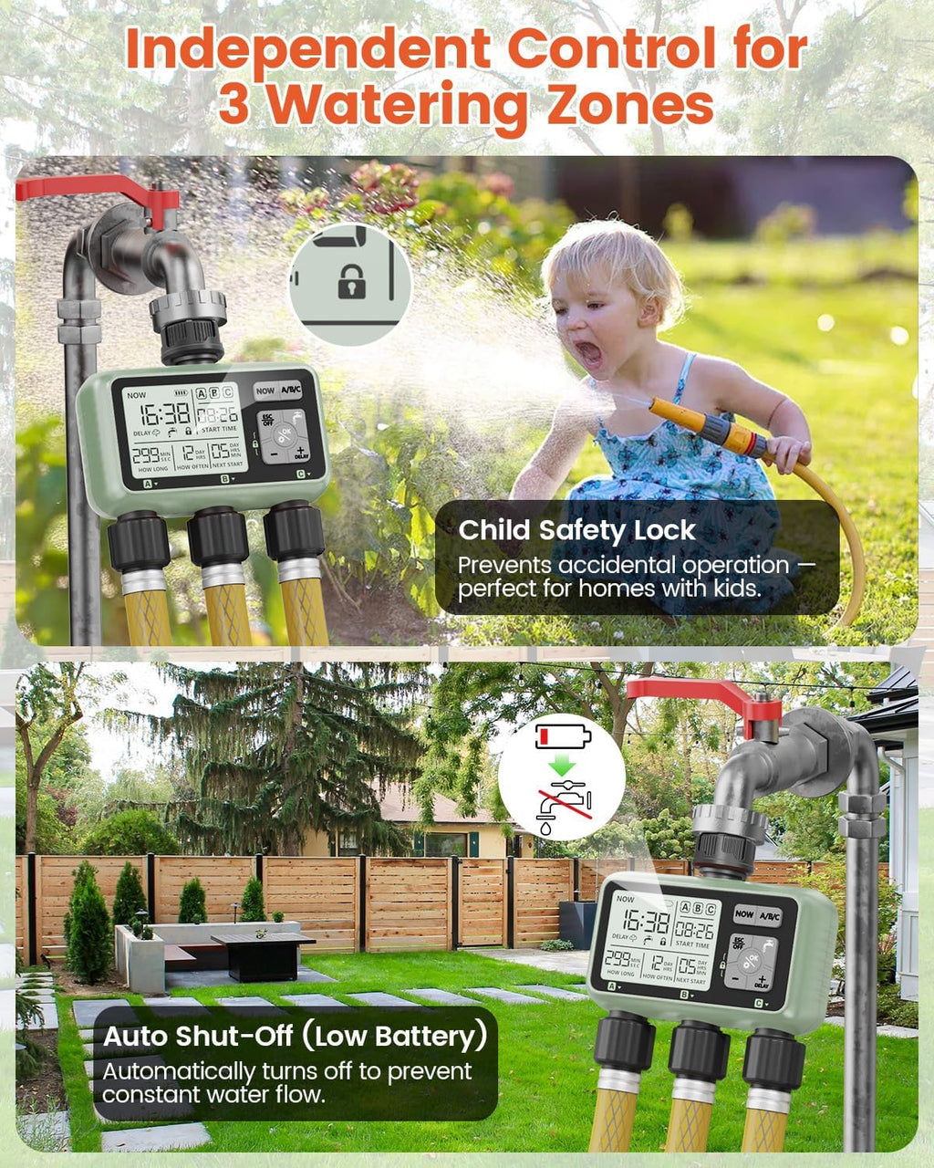 3 Zone Sprinkler Timer, Programmable Water Timer for Garden Hose | 3 independent zones, programmable watering, rain
