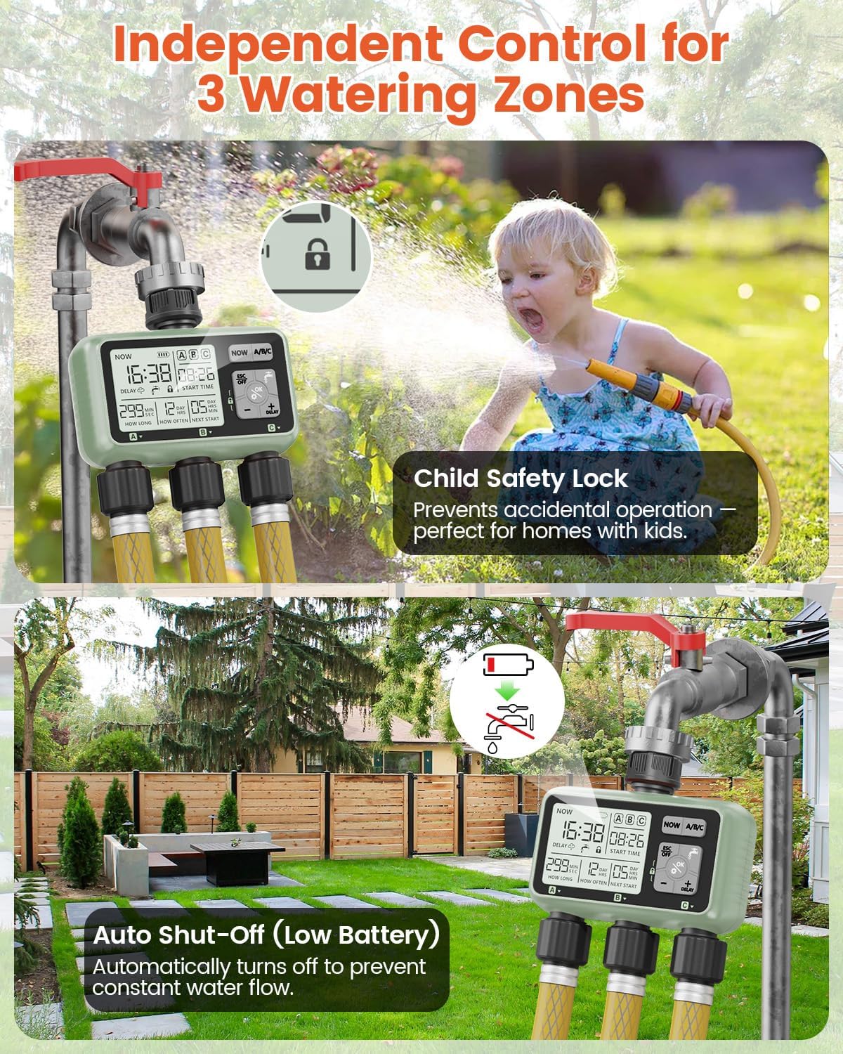 3 Zone Sprinkler Timer, Programmable Water Timer for Garden Hose | 3 independent zones, programmable watering, rain