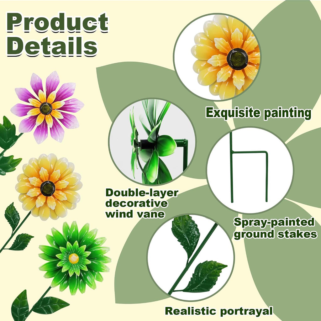 3 Pack Metal Flower Wind Spinners, Kinetic Garden Stakes with H-Base, Colorful 3D Floral Windmills for Yard, Patio